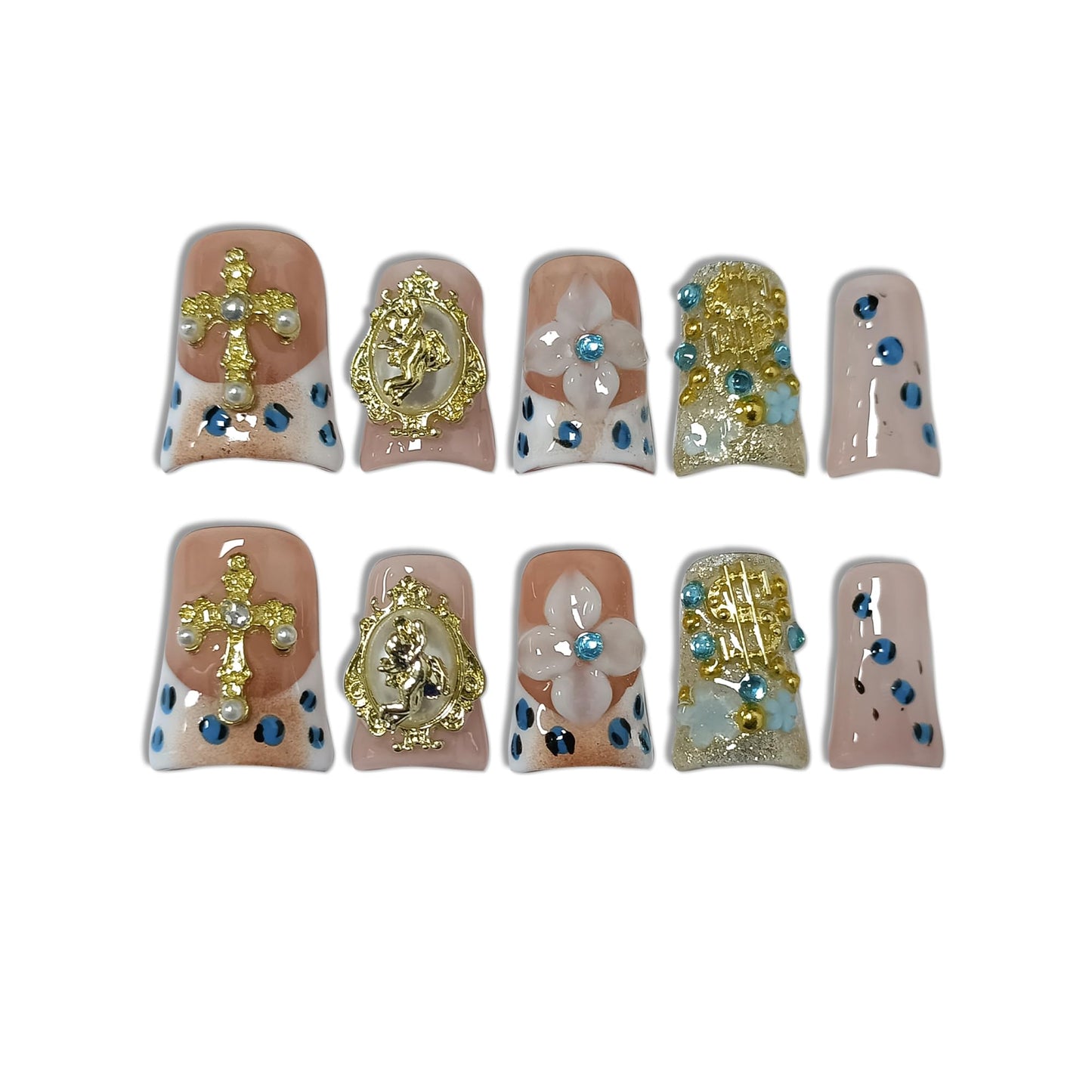 TENPAL Short Duckbill Press on Nails - Orange Leopard French with 3D Cross & Coin Charms | Icy Glitter Fake Nails Kit with Tools | Orange Crush Style for Women Girls Gifts(S)