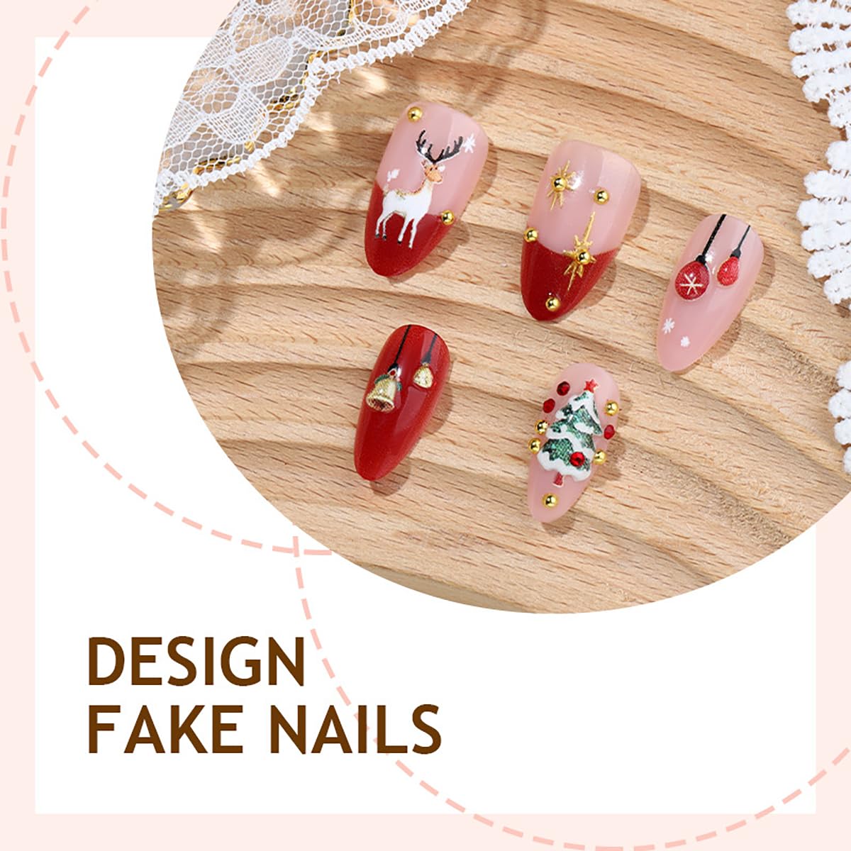 30Pcs Christmas Press on Nails Medium French Tip Fake Nails 3D Luxury Gold Beads Design Xmas Tree Bell Almond Acrylic Nails Cute Elk Snowflake Glue on Nails for Women Winter Christmas Manicure