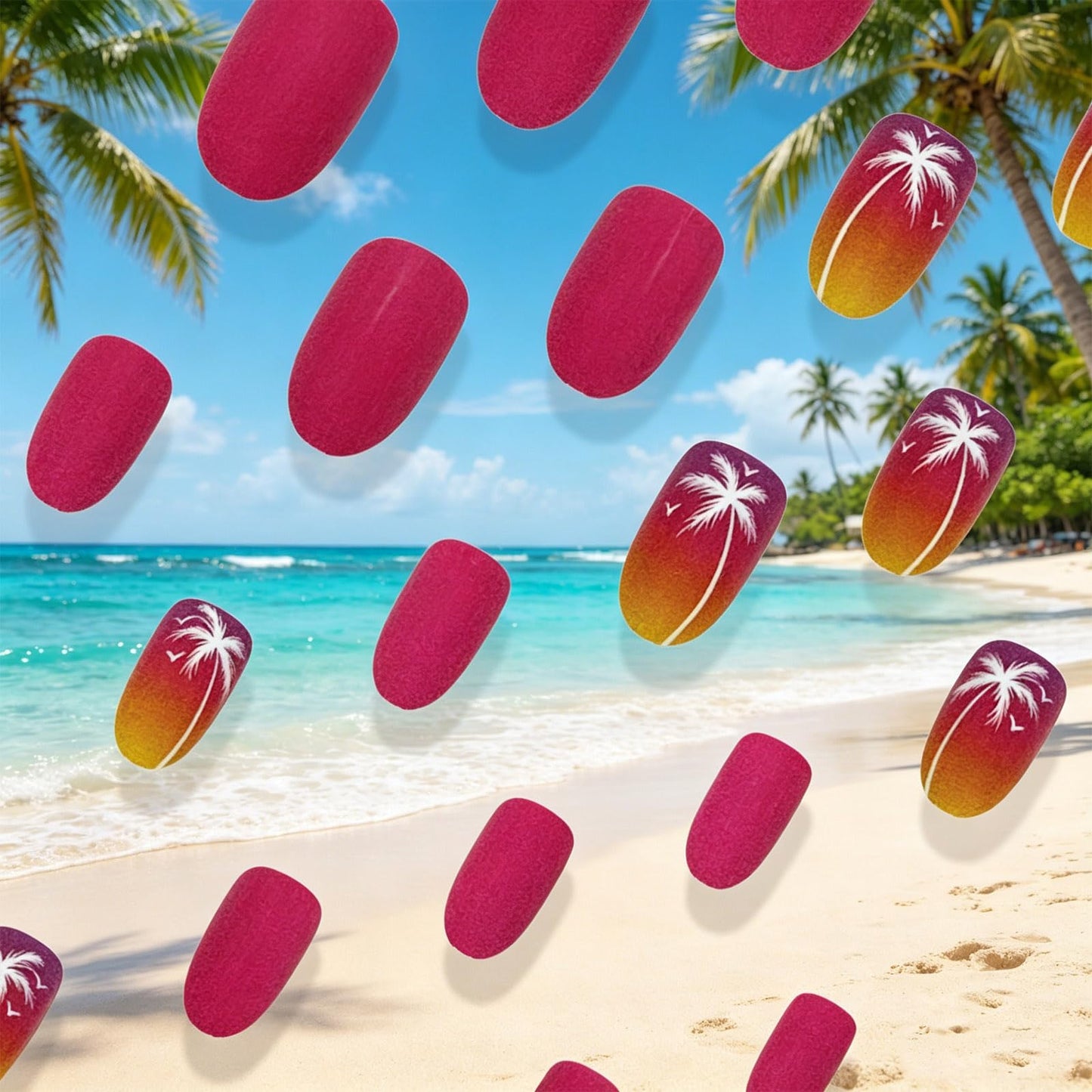 Palm Tree Press on Nails With Sunset Ocean Design, Medium Oval False Nails, Matte Pink Ombre Fake Nail Coconut Glue on Nail, Beach Stick on Reusable Acrylic Fingernails for Women Summer Daily Wear