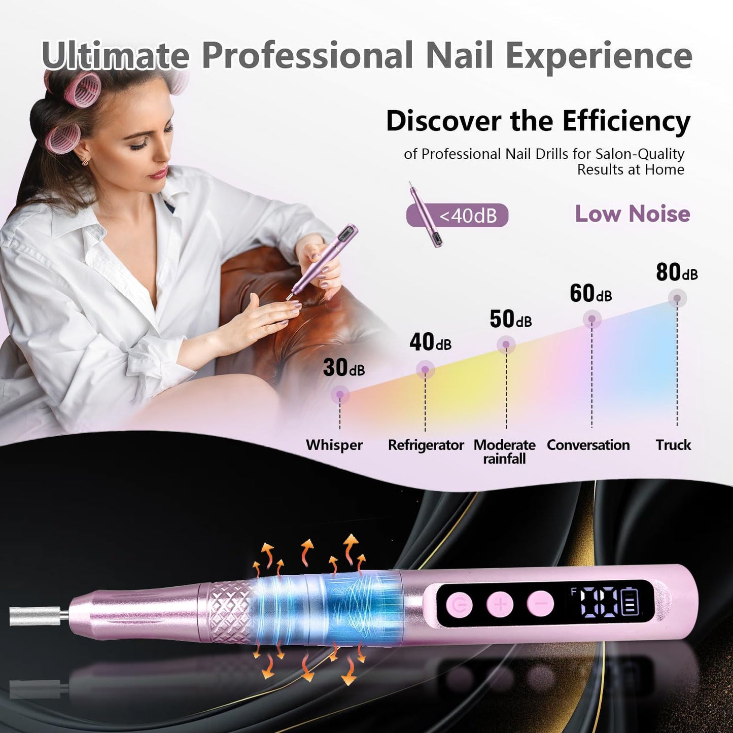 Cordless Nail Drill Electric Nail File Kit Rechargeable Professional Efile Nail Set, Portable Acrylic Gel Nail Polish Remover Machine Pedicure Manicure Tool, 11 Bits 39 Sanding Bands Salon Home