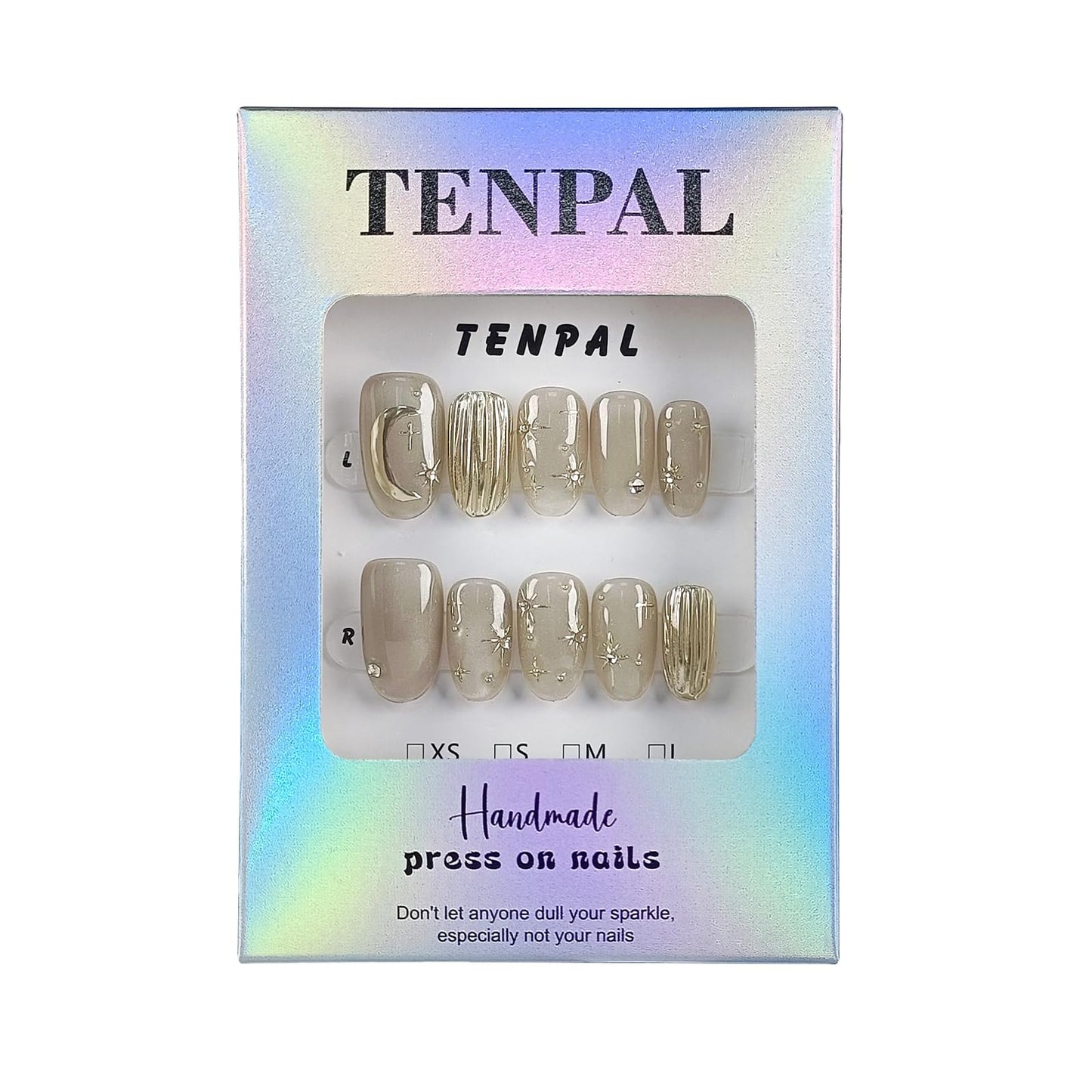 TENPAL Handmade Press on Nails Short Oval,Cat Eye Fake Nails with Mirror Star Moon Designs,Soft Gel Ethereal Edgy French Retro Nails Kit with Tools,Shimmer Glossy Glue on Nails Short for Women(XS)