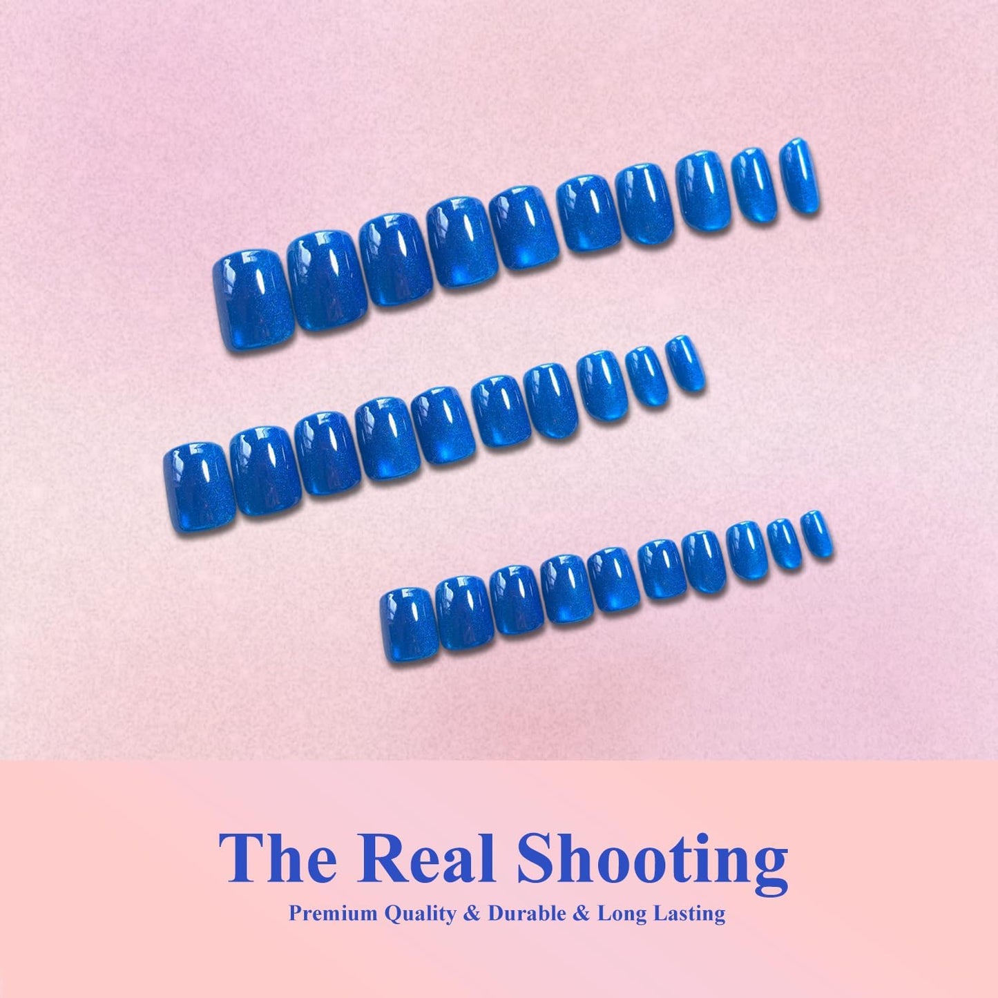 KQueenest Cat Eye Press On Nails Short - Vibrant Royal Blue Press On Nails Square, 30 Pcs 15 Sizes Sparkly Glitter Fake Nails Press ons, Thick Quality, Reusable Small Glue on Nail for Women Summer