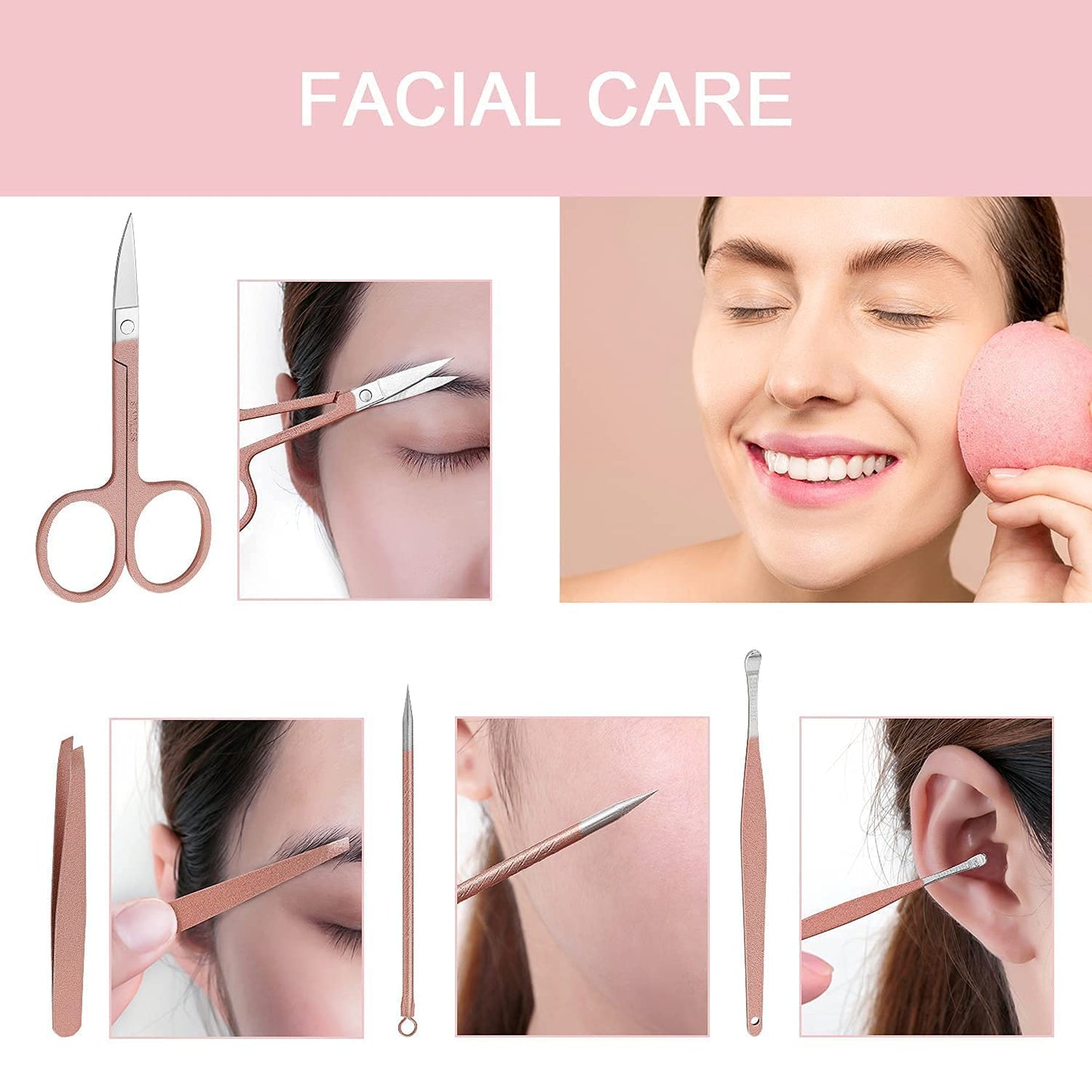 FAMILIFE Manicure Set, Pedicure Kit Nail Clipper Set 16pcs Professional Men Black Grooming Kit and 13pcs Pedicure Kit Rose Gold Nail Clipper Set Professional Manicure Kit Pink Stainless Steel