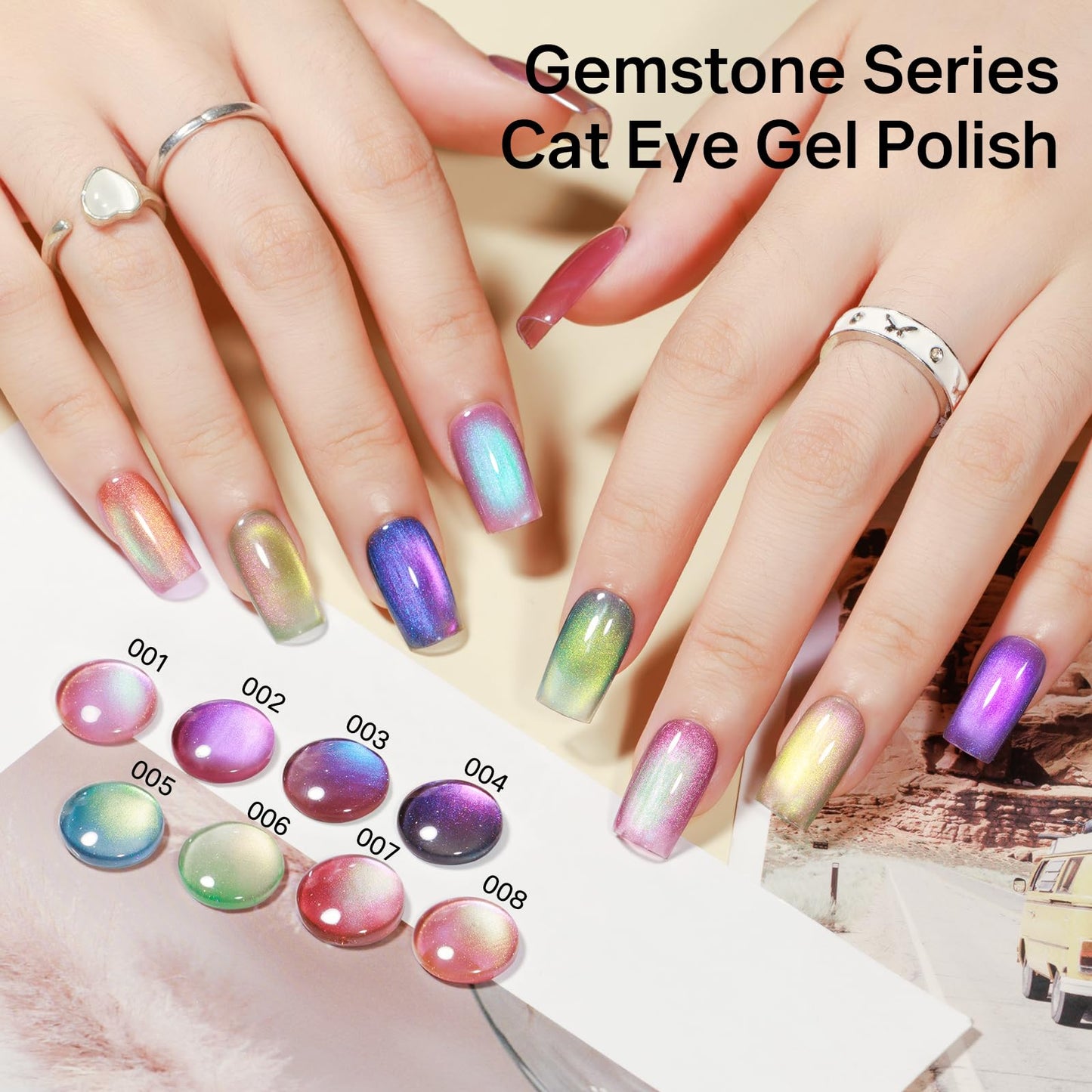 MIZHSE Cat Eye Gel Nail Polish, Gemstone Series Magnetic Gel Polish Set with Magnet Stick, Colorful Crystal Glassy Cateye Effect Soak Off Nail Art Gift for Women
