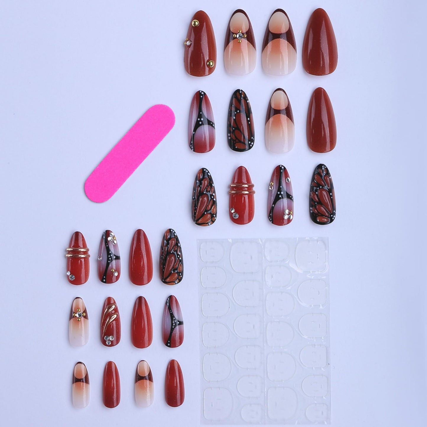 Almond Press on Nails Long Fake Nails Red Acrylic Nail Press ons SEENEEY Black Butterfly Designs Gold Charm Rhinestones Stick on Nail for Women 24pcs
