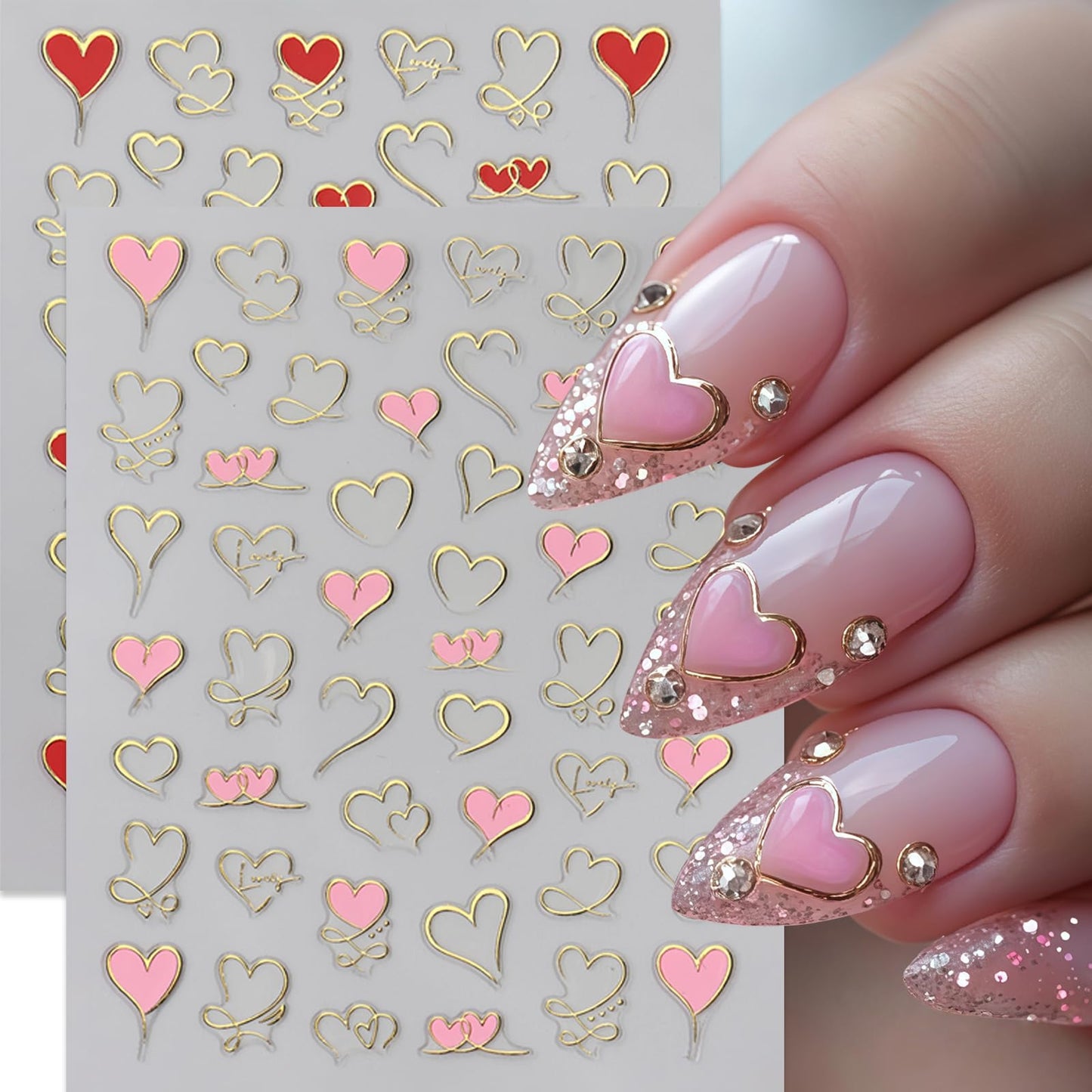 6 Pcs Heart Nail Art Stickers Valentines Day Nail Decals 3D Self Adhesive Hearts Nail Sticker Pink Purple Red Gold Heart Love Design Hollow Heart Nails Supplies Holiday Nail Accessories for Women