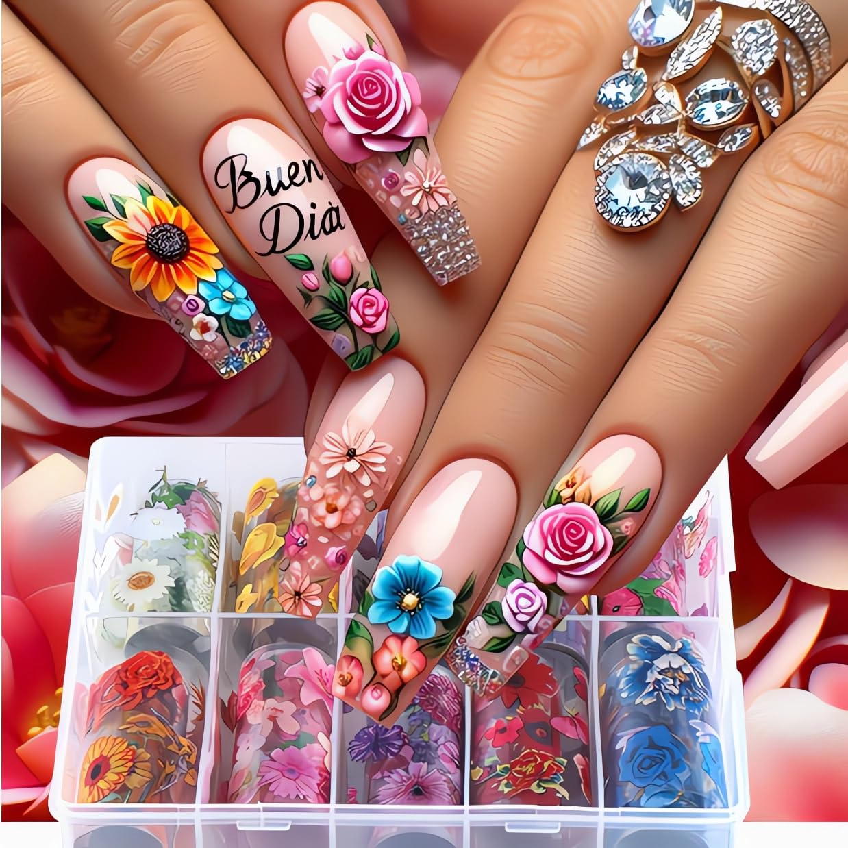 Floral Nail Foils Transfer Nail Art Flower Nail Stickers Spring Summer Foil Nail Art Supplies 10 Rolls Sunflower Rose Daisy Nails Foil Transfer Stickers Starry Sky Paper Manicure Accessories for Women