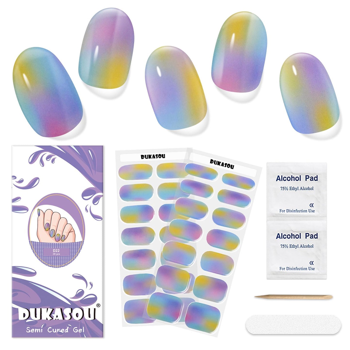 DUKASOU Semi Cured Gel Nail Strips,28 Pcs Gel Nail Stickers/Wraps(Colorful Aurora),Long Lasting Polish Stickers UV Cure,Works with UV Lamp,Easy to Apply
