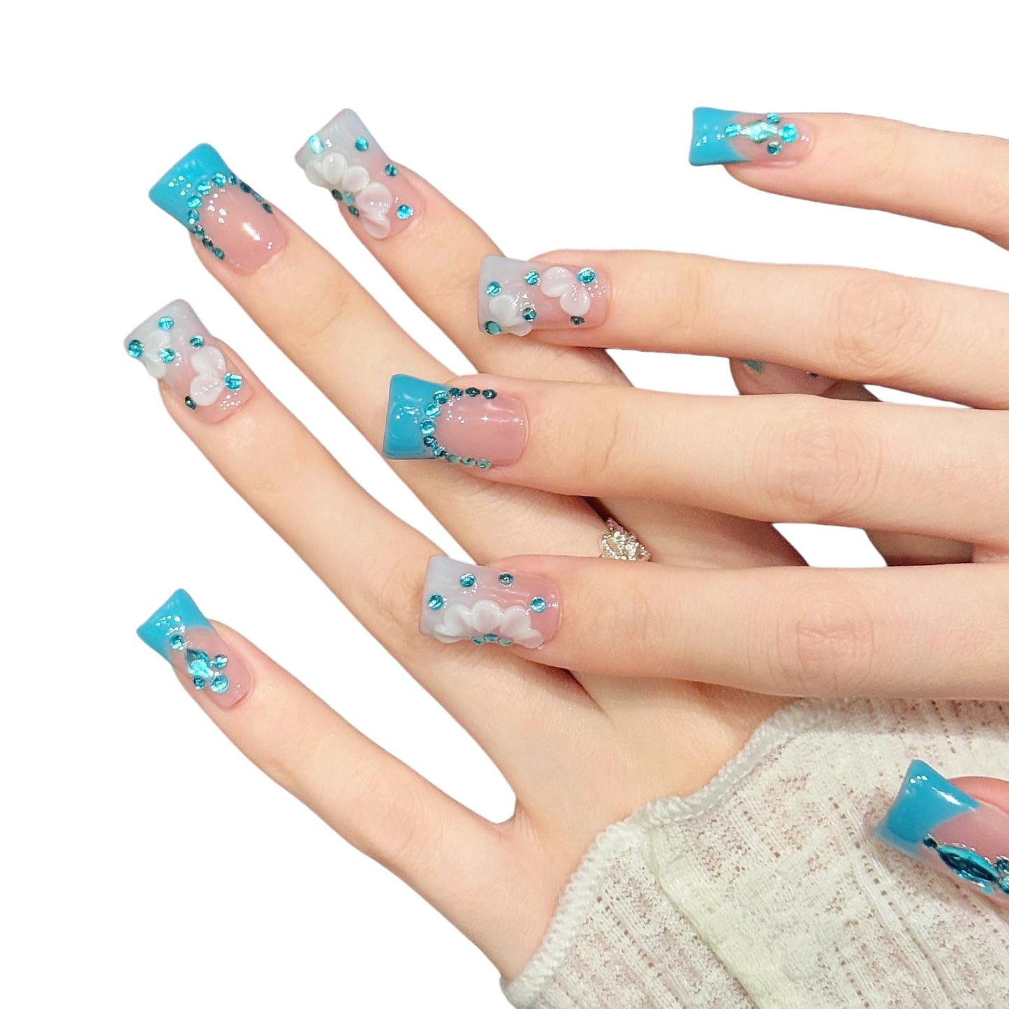 Tesytto Handmade Press On Nails Pink Blue French Tip Short with Crystal Rhinestone and 3D White Flower, Stick On Fake Nails for Women Girls, Reusable Cute Daily False Nails,10 Pcs(Azure Cloud Bloom,S)