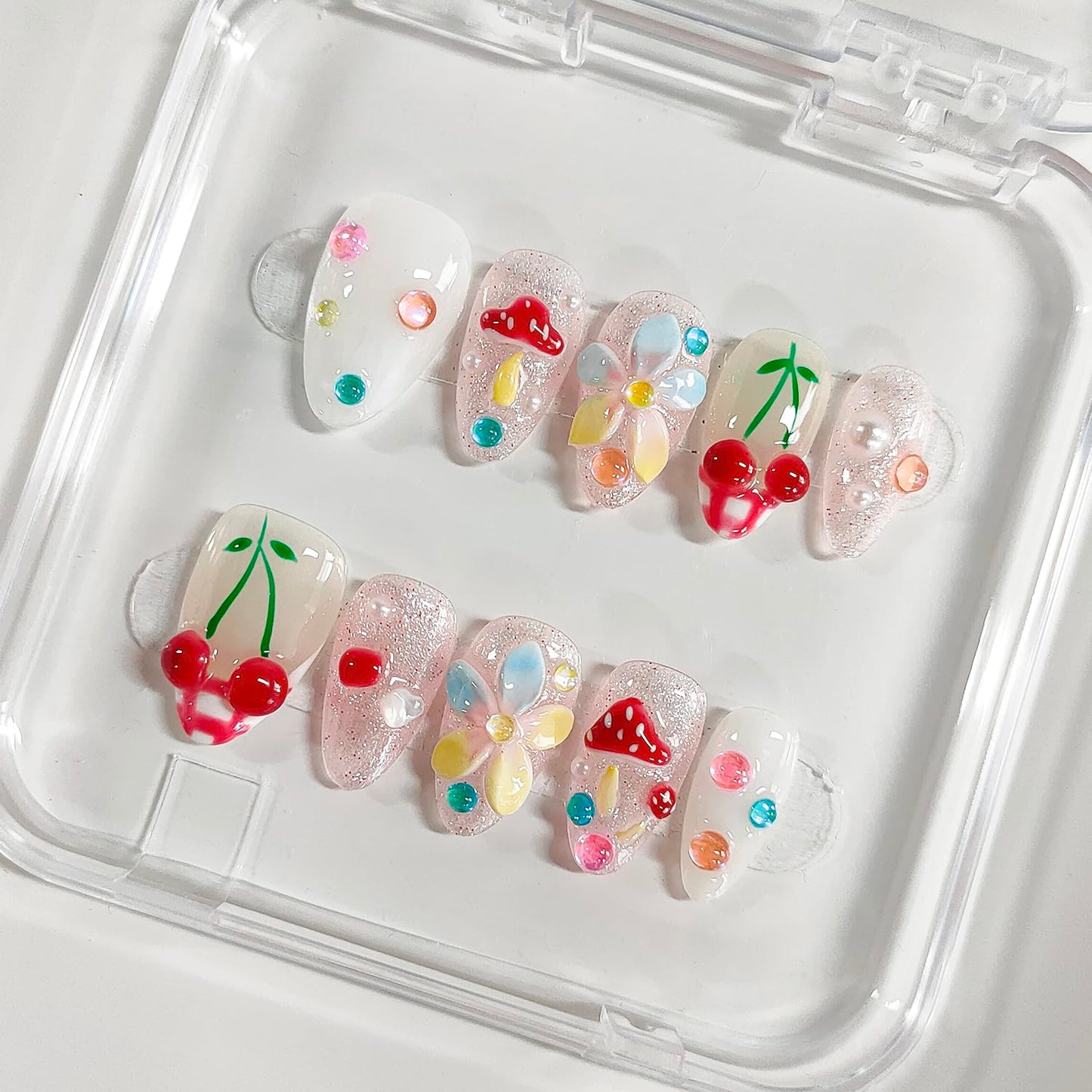 Handmade Press on Nails Almond Medium 3D Floral French Tip Thick Acrylic Fake Nails False Nails with Flower Mushroom Glitter Cherry Designs Cute Sturdy Nail Kawaii Art Press on Nails 10Pcs(S)