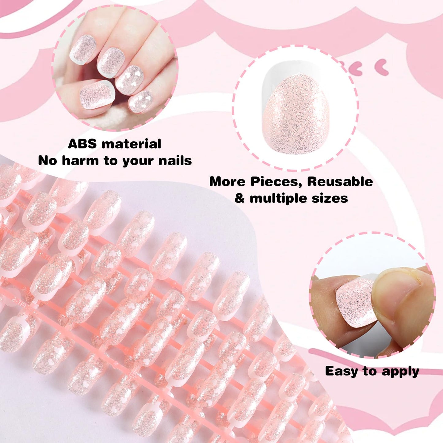 SIUSIO 120pcs 5 Pack Children Acrylic Fake Nails Press on Full Cover Short False Nail Art Kits Set Surprise Gift for Kids Little Girls Women - Glitter Hearts
