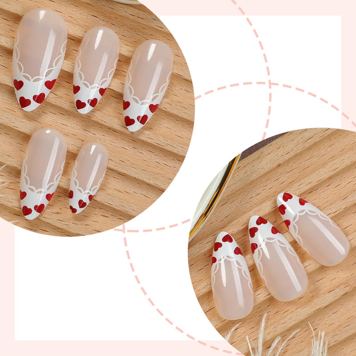 Valentines Press On Nails Short Almond Fake Nails White Lace French Tip False Nails Press ons with Heart Design Glossy Acrylic Full Cover Stick on Nails for Women Girls Date Manicure 24Pcs