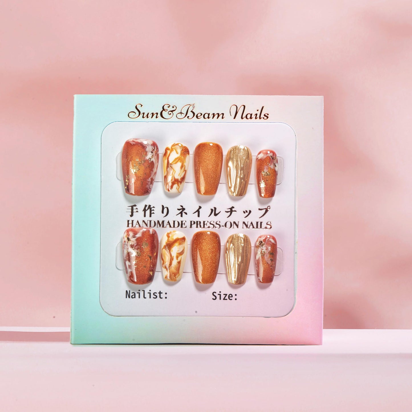Sun&Beam Nails Handmade Press-on Short Coffin Ballerina Brown Gold White Amber Gradients Design False Nail Tips 10 Pcs (#134 M)
