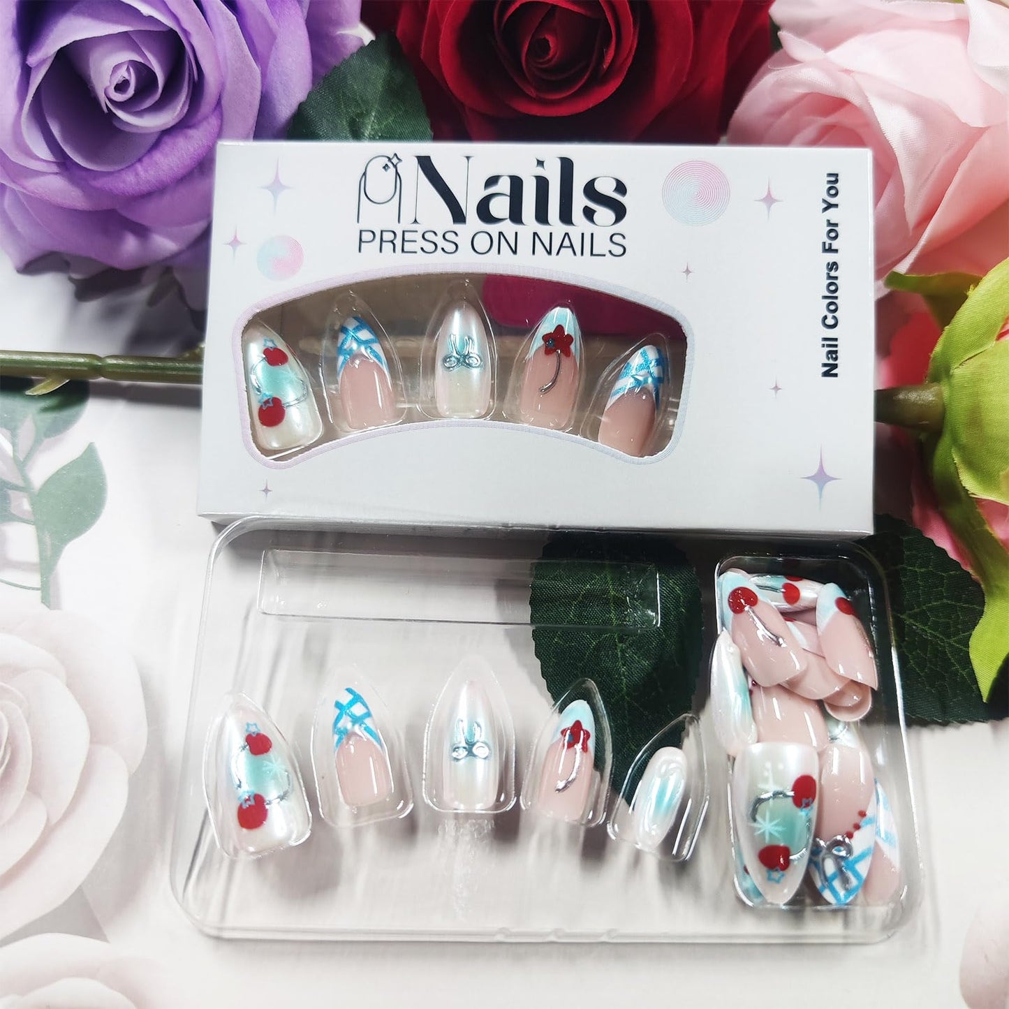 3D Bow Tie Press on Nails Cherry Gel Glue on Nail Red Stars Acrylic Fake Nail Glossy Blue Glitter French Tips Stick on Fingernails Valentines Almond Medium False Nails 30Pcs for Women Valentine's Gift