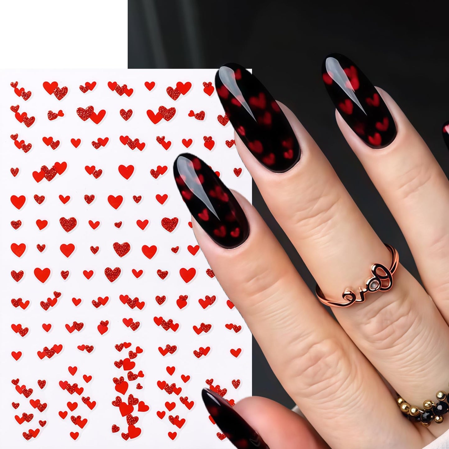 8Pcs Heart Nail Stickers Glitter Shiny Love Nail Decals 3D Self Adhesive Pearl Bow Cherry Nail Art Stickers Valentines Day Red Ombre Gold Hearts Designs Pink Heart French Line Nail Supplies for Women