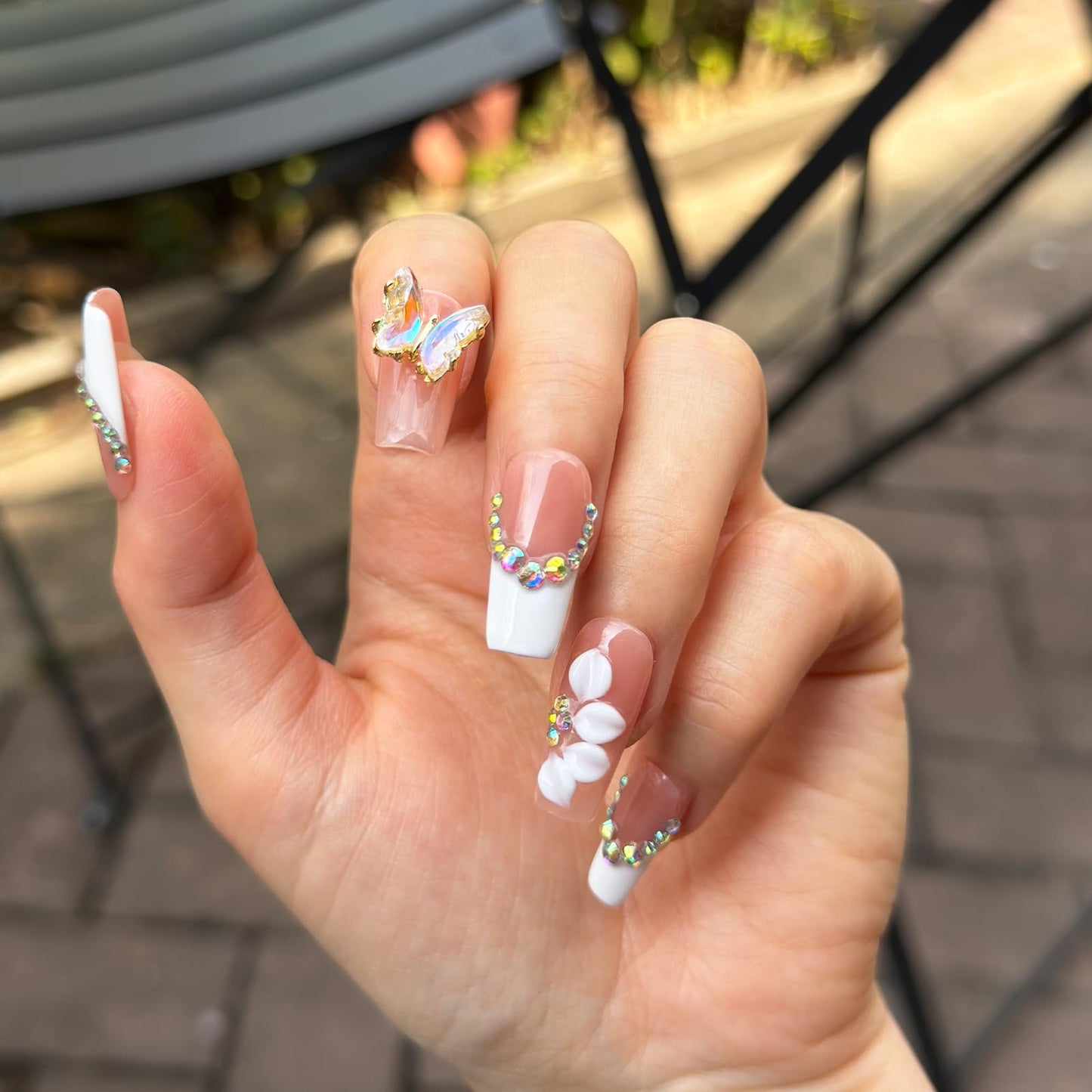 Handmade Press On Nails, 3D Flower & Butterfly White French Tip Fake Nails with Rhinestones, Reusable Acrylic False Nails Medium Length Square Press on Nails (S-10Pcs)
