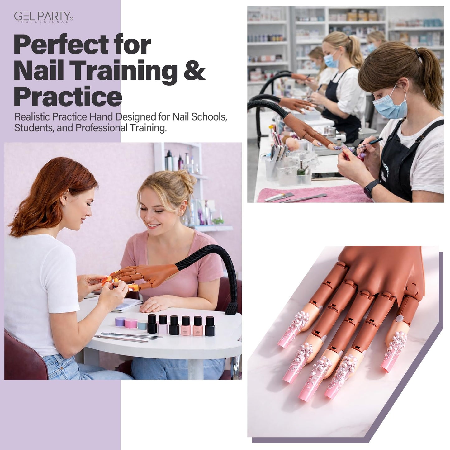 GELPARTY Flexible Nail Practice Hand with Table Clamp - Full Training Starter Kit for Acrylic & Gel Nails, Includes 200pcs Brown Tips, Clippers, Files & Brushes - Professional Manicure Set (Set A+)