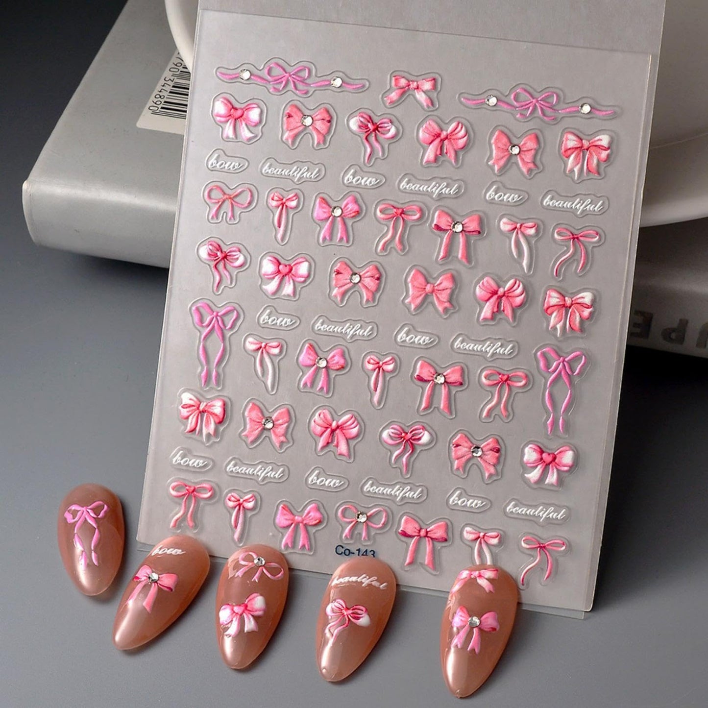 5D Embossed Bow Nail Stickers Pink Bowknot Nail Art Stickers with Rhinestone Design Bow Nail Decals for Women Girls Christmas Acrylic Nails DIY Manicure Nail Supplies