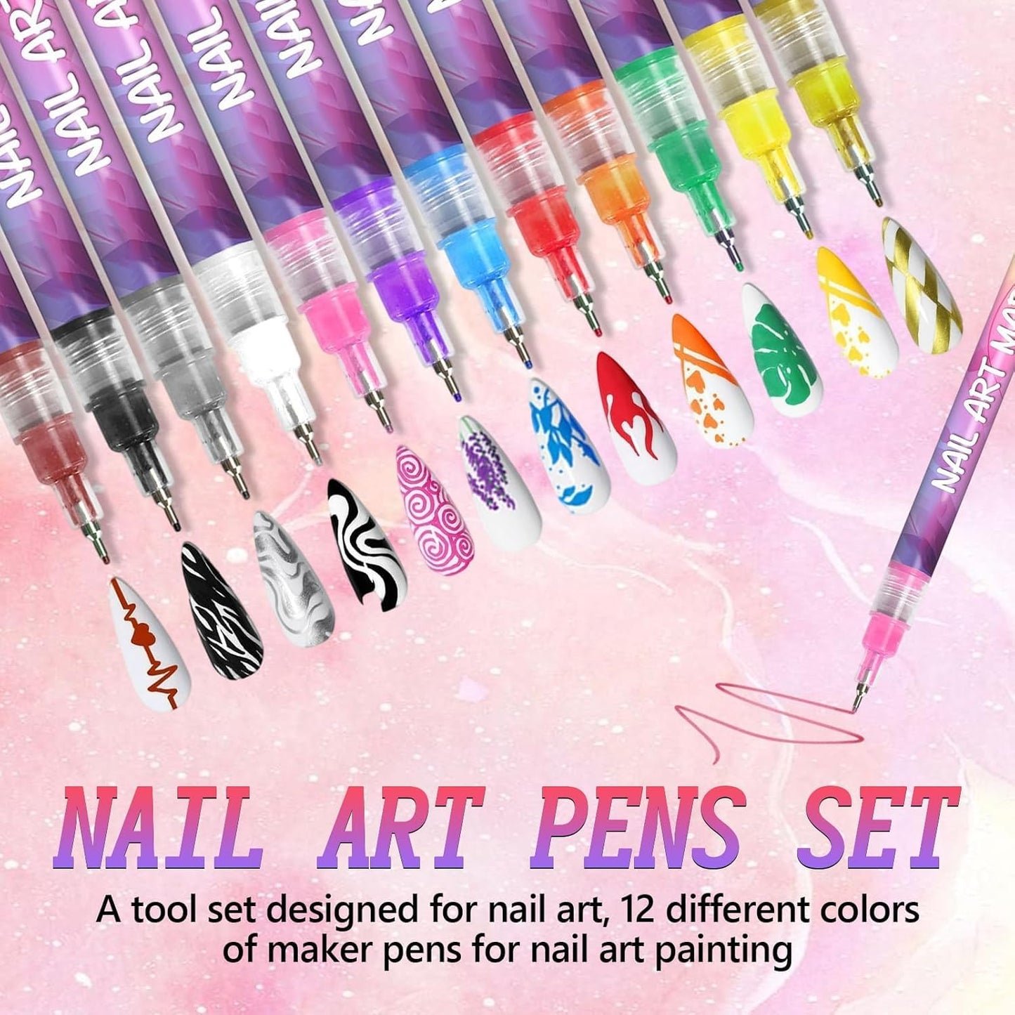 12 Color Nail Art Pens Set, 3D Quick Drying 0.5MM Nail Polish Pen,DIY Nail Beauty Decoration Nail tools,Nail art Mark Graffiti Pen,Nail Art Painted Pen Kit