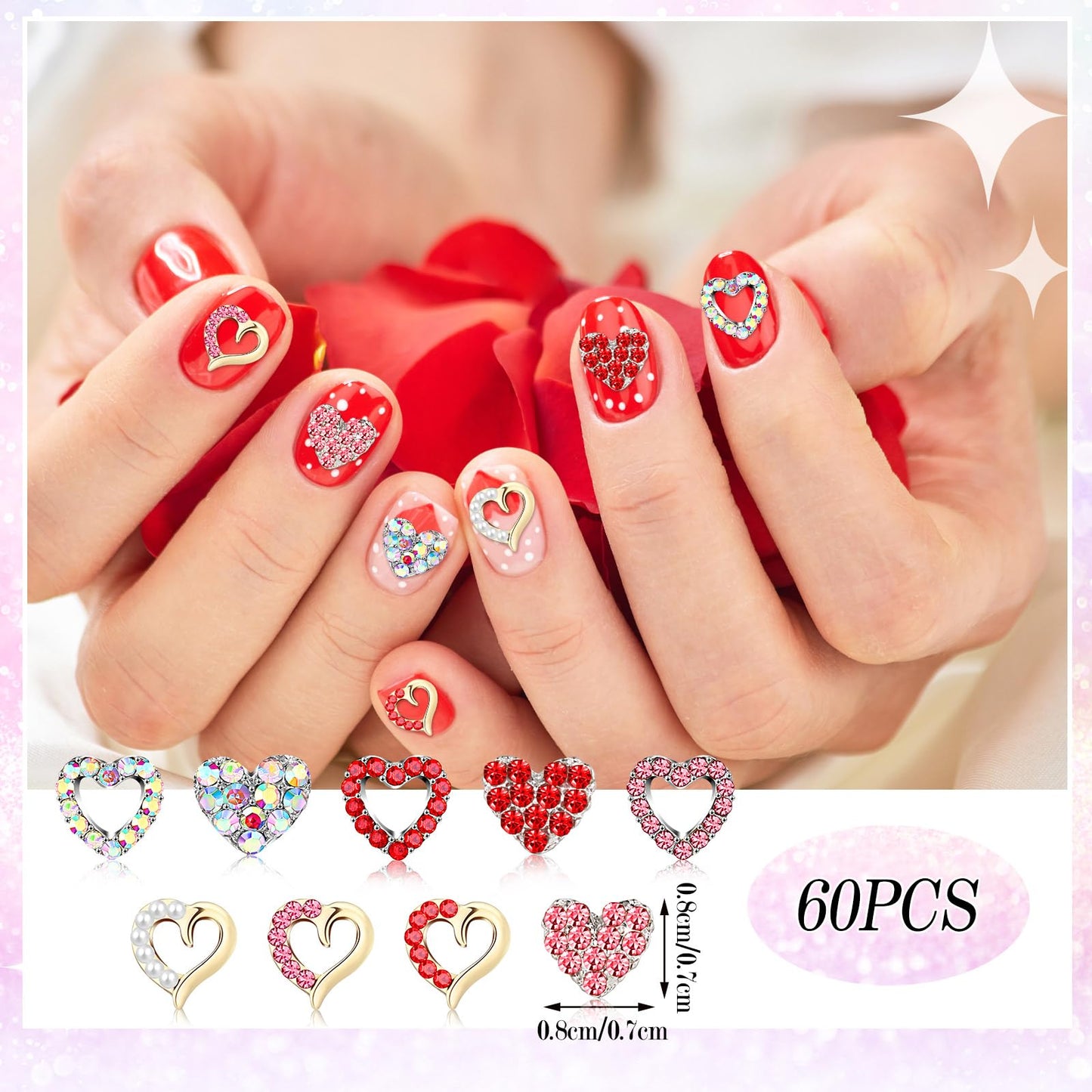 Dimsile 60 Pcs Valentine Heart Nail Charms for Nail Art Bulk 3D Bling Heart Rhinestone Decals Alloy Crystal Charms Diamonds Decor Love Gem Decals for Women Valentine's Day DIY Jewelry Accessories