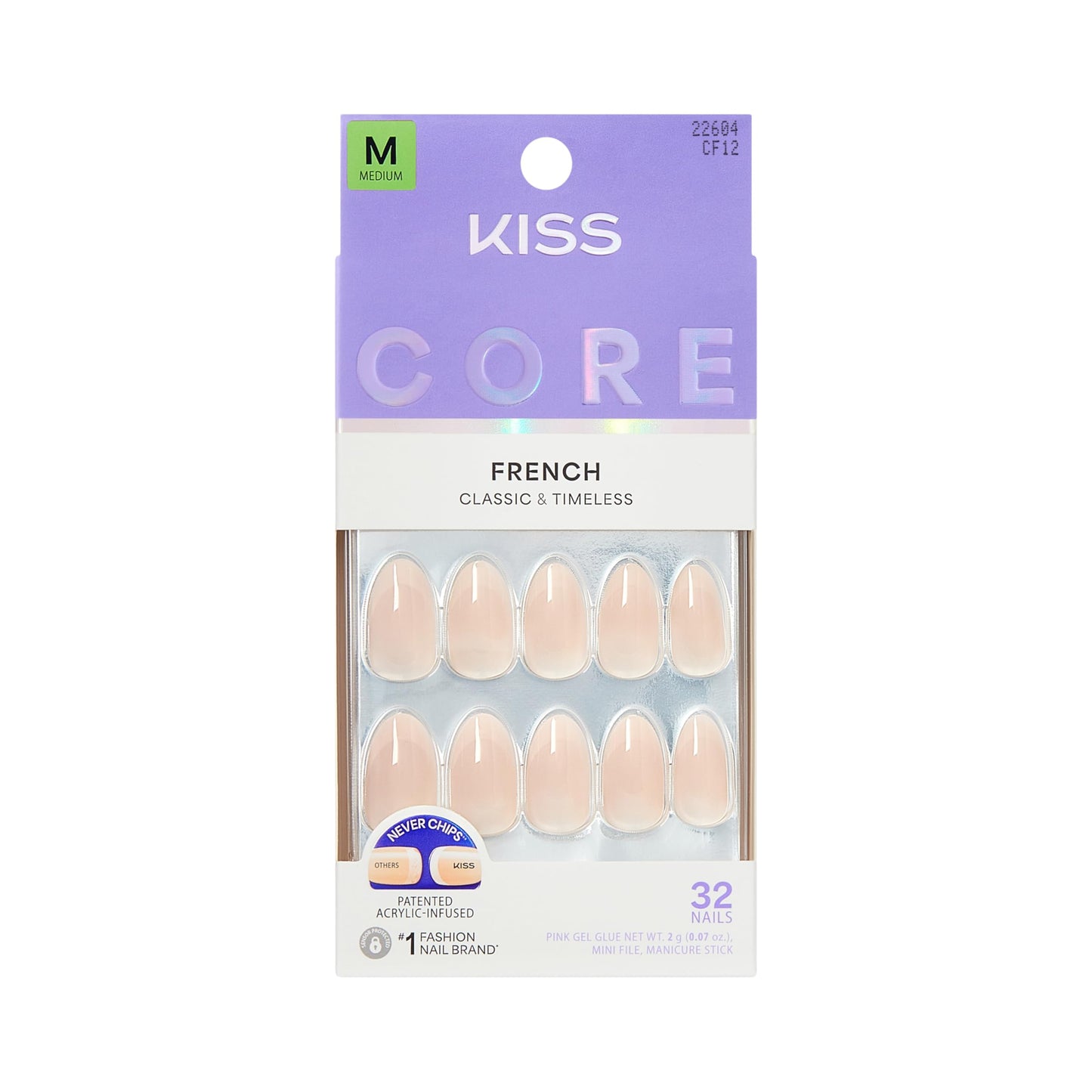 Kiss Core, Press On Nails, Nail glue included, 'Burble', Pink, Medium Size, Almond Shape, Includes 32 Nails, 2g Glue, 1 Manicure Stick, 1 Mini File