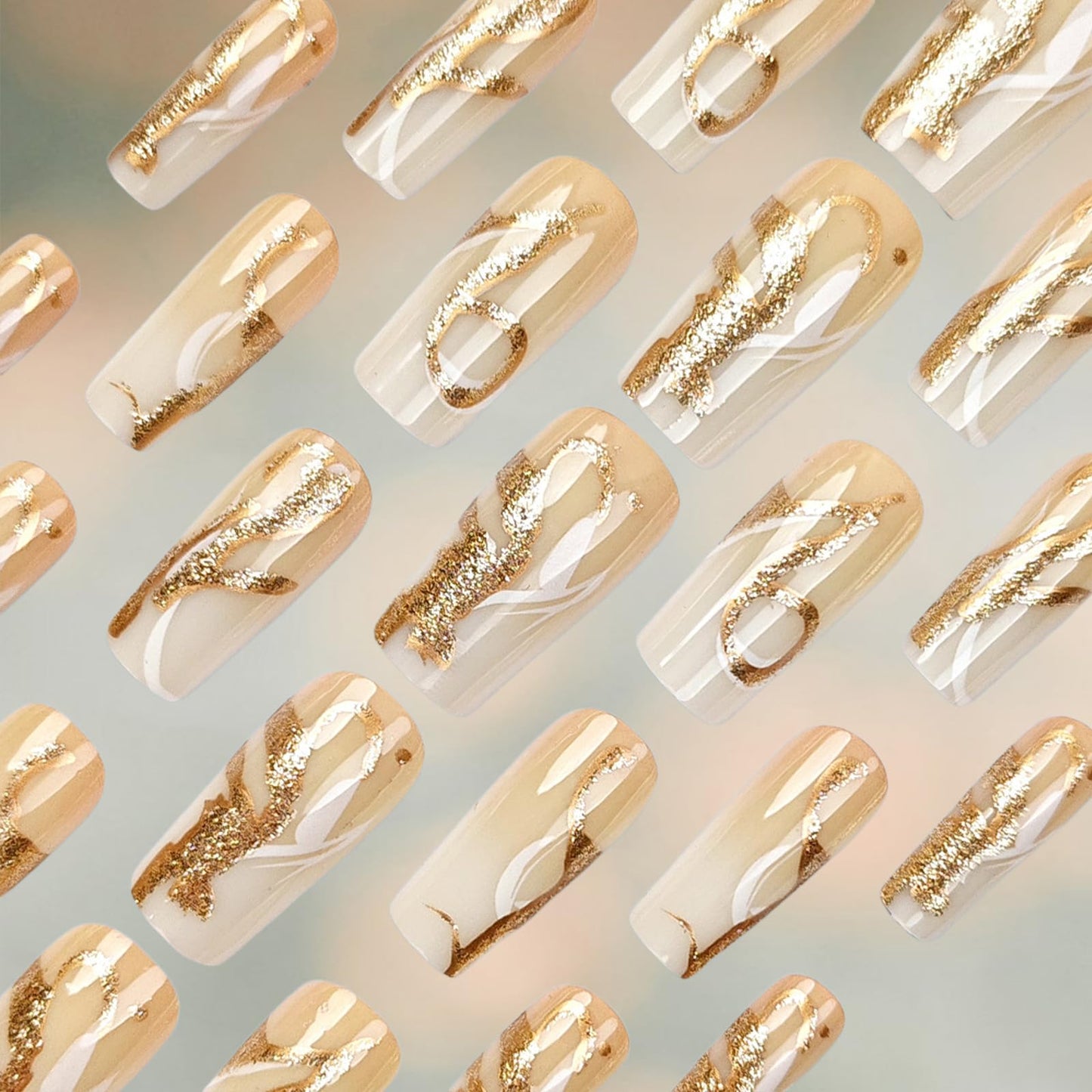 White Curve Line Press on Nails Glossy Yellow Gradient Medium Square False Nails Gold Glitter Acrylic Fake Nail 24Pcs Ombre Stick on Fingernails Vine Gel Glue on Nail for Coquette Women Girls