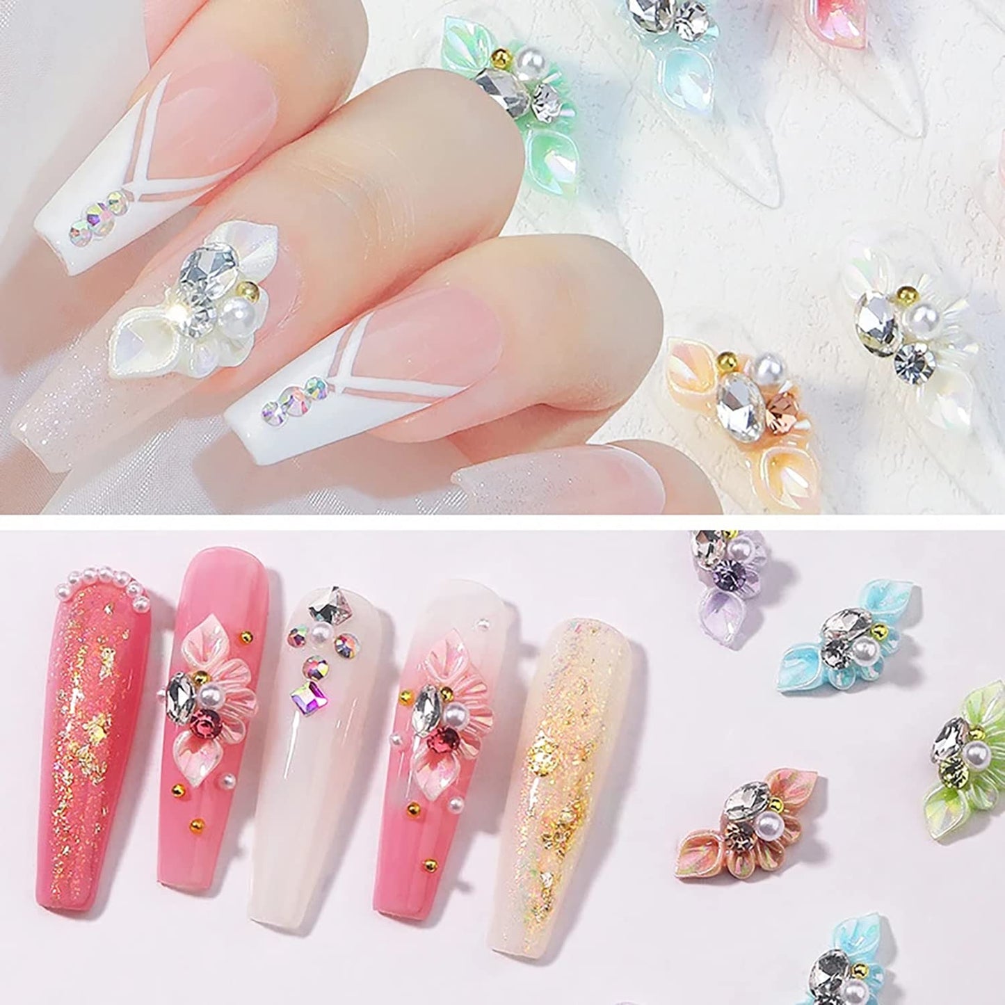 DANNEASY 30pcs 5d Flower Nail Charms Flat Back Embossed Nail Art Charms with Rhinestones Pearl Crystals Diamond Gems Nail Jewels Nail Decoration for Acrylic Nails DIY Craft Jewelry Making Accessories