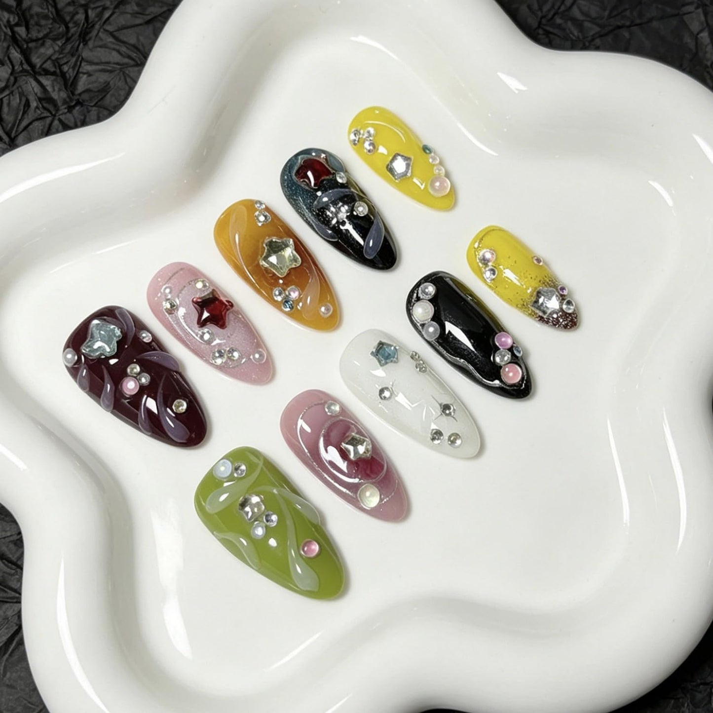 3D Press on Nail Almond Shape Fake Nails Full Cover Coloful Press ons with Rhinestones Star designs Cute False Nails Glossy Handmade Glue on Nails for Women Summer10pcs（m Size）