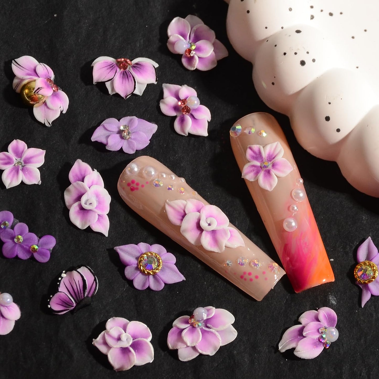 30PCS 3D Handmade Flower Nail Art Charms Advanced Handcrafted Cherry Blossom Flower Colorful Sculpted Floral Nails with Rhinestone Caviar Beads Design for Women Profession Nail Art Craft Jewelry