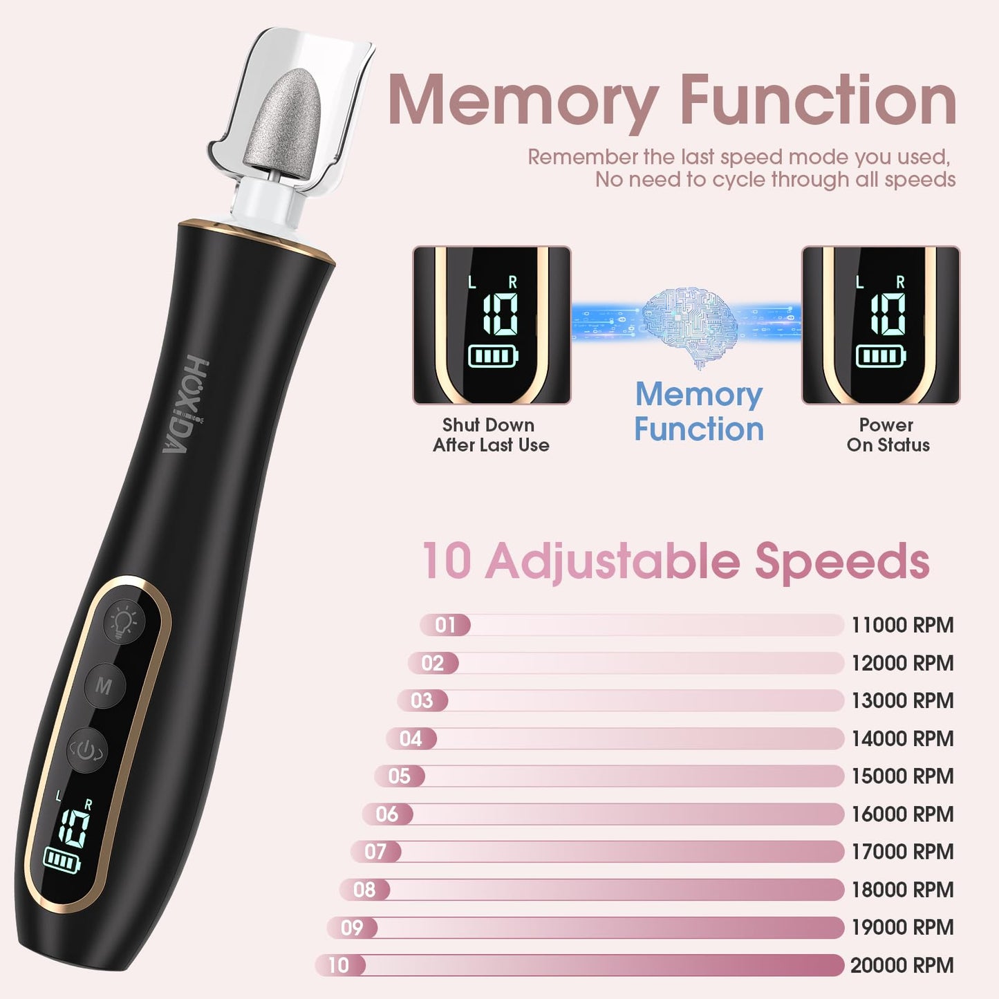 Electric Nail Drill, Professional Manicure Pedicure Kit, Cordless Electric Nail File Set, Rechargeable Pedicure Tools for feet, 10 Speeds Hand Foot Care Nail Drill for -360° LED Light Black