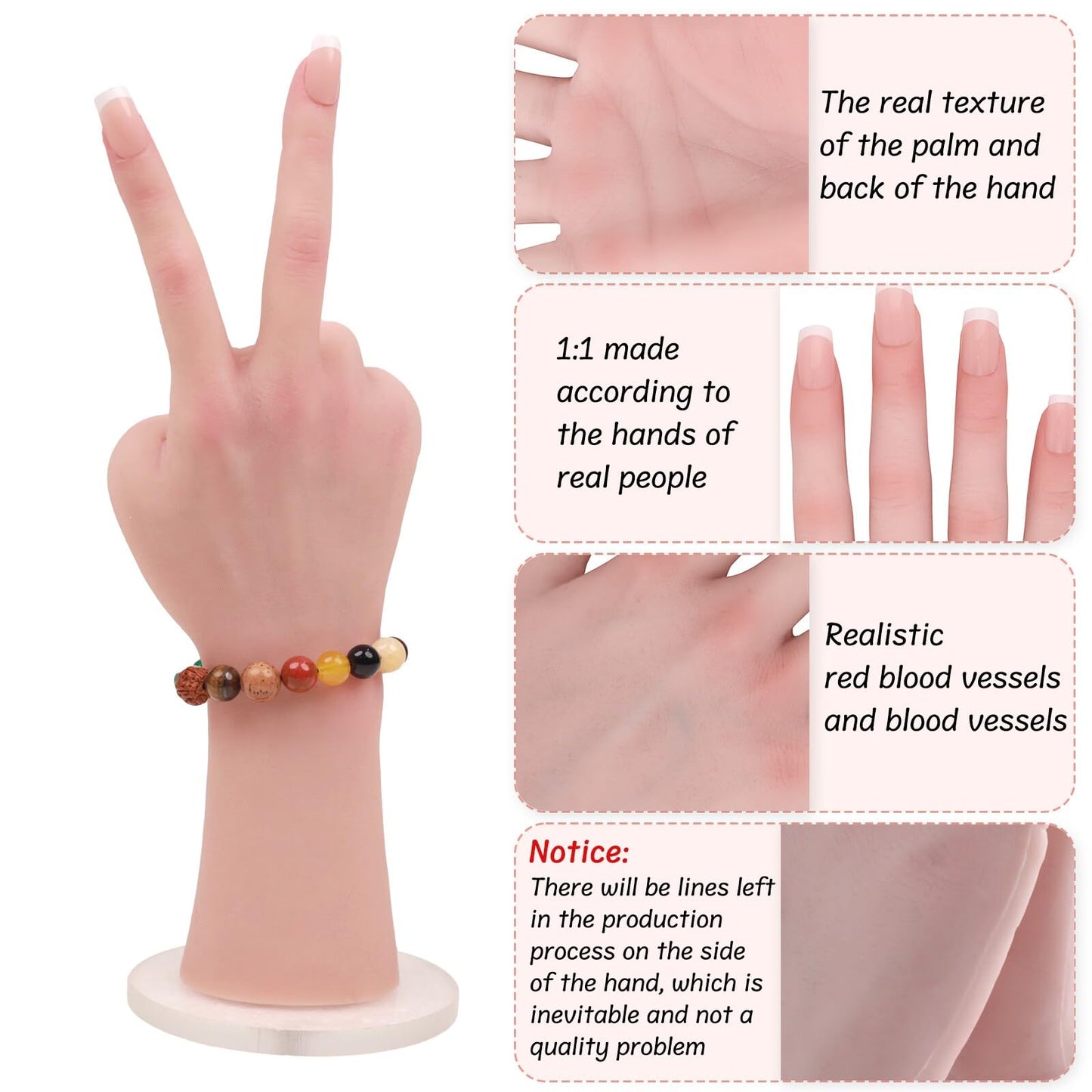 MOTLEYBEAN Realistic Silicone Female Hand Life Size Female Model Hand for Showing Jewelry Pranksters Halloween Props Photography Props (Ivory,Left Hand-Without Skeleton)
