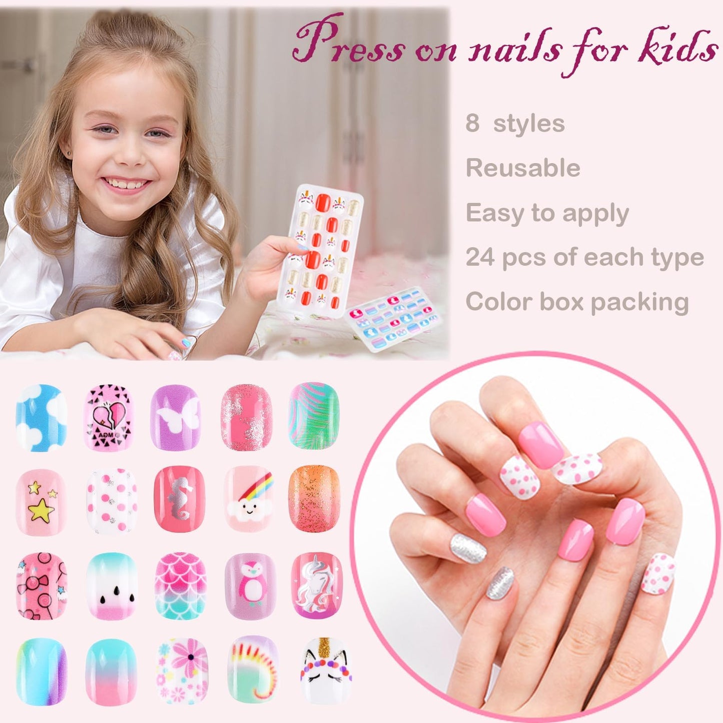 Jsiallye 192Pcs Short Press on Nails for Kids,8 Packs Children Stick on Nails Fake Nails for Kids,Pre-glue Full Cover Pink Flower Animail Nail Tips for 8-12 Year