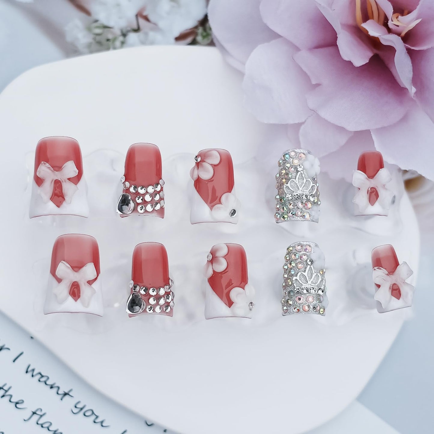 Tesytto Handmade Press on Nails Short Duck 3D White French Tip with V Design 3D Bow Flower Rhinestones Charms Nude Base Elegant Sturdy Art Pink 10 Pcs False Nails Set (Soft Pink Ivory Bow,S)
