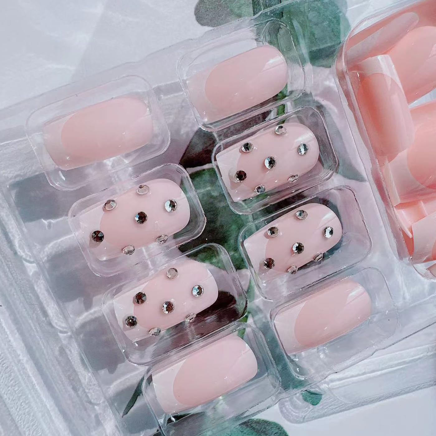 24pcs Press on Nails Short Square Glossy Pink French False Nails with Rhinestone Design Full Cover Fake Nails Stick on Nails White French Nail Tips False Nails Gel Glue on Nail for Women Girls