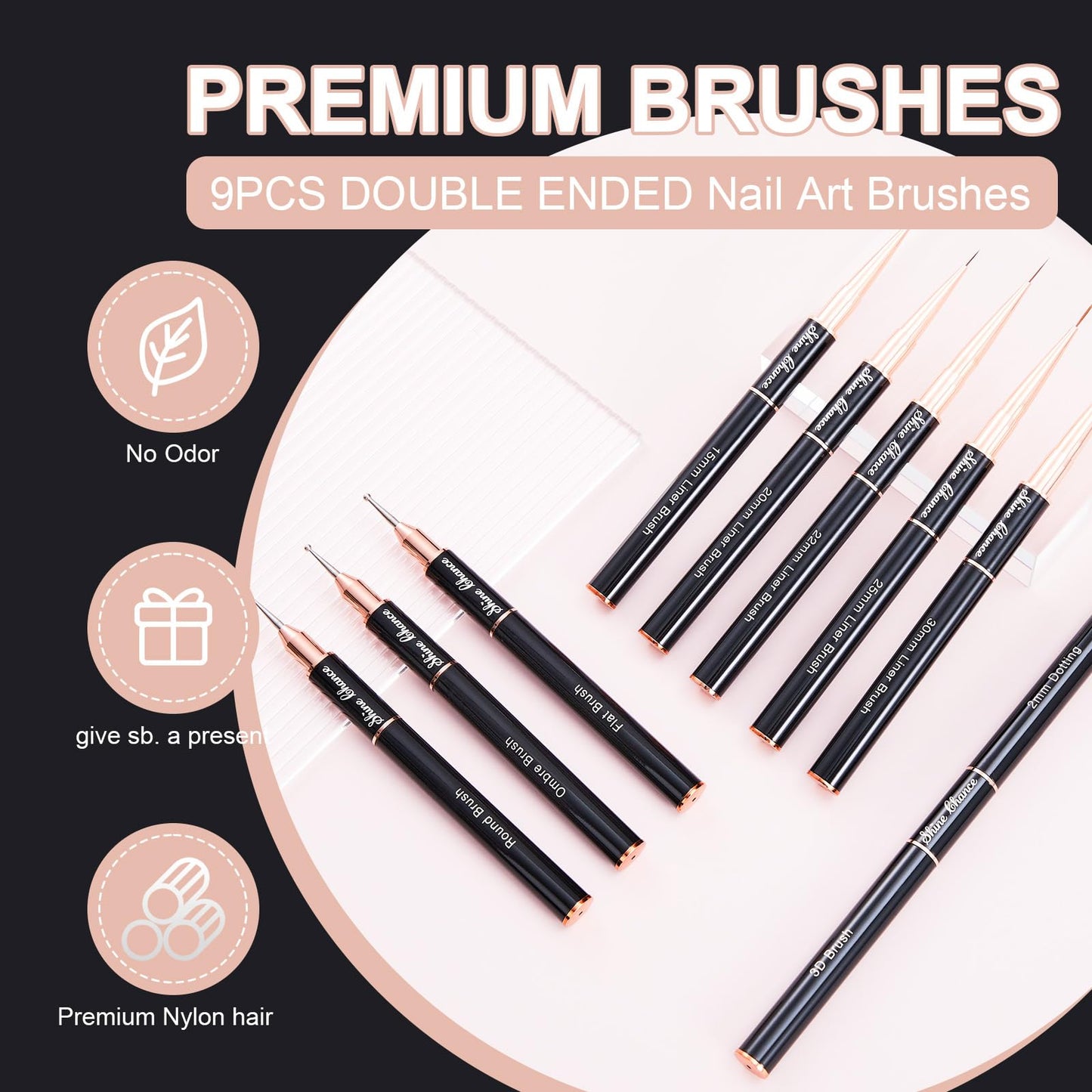 Shine Chance 9Pcs Nail Art Brushes Set, Professional Double-Ended Acrylic Liner Detail Brushes for Gel Polish Art Nail, 3D Art Nail Dotting Brush Pen for Manicure DIY Home Salon, Black