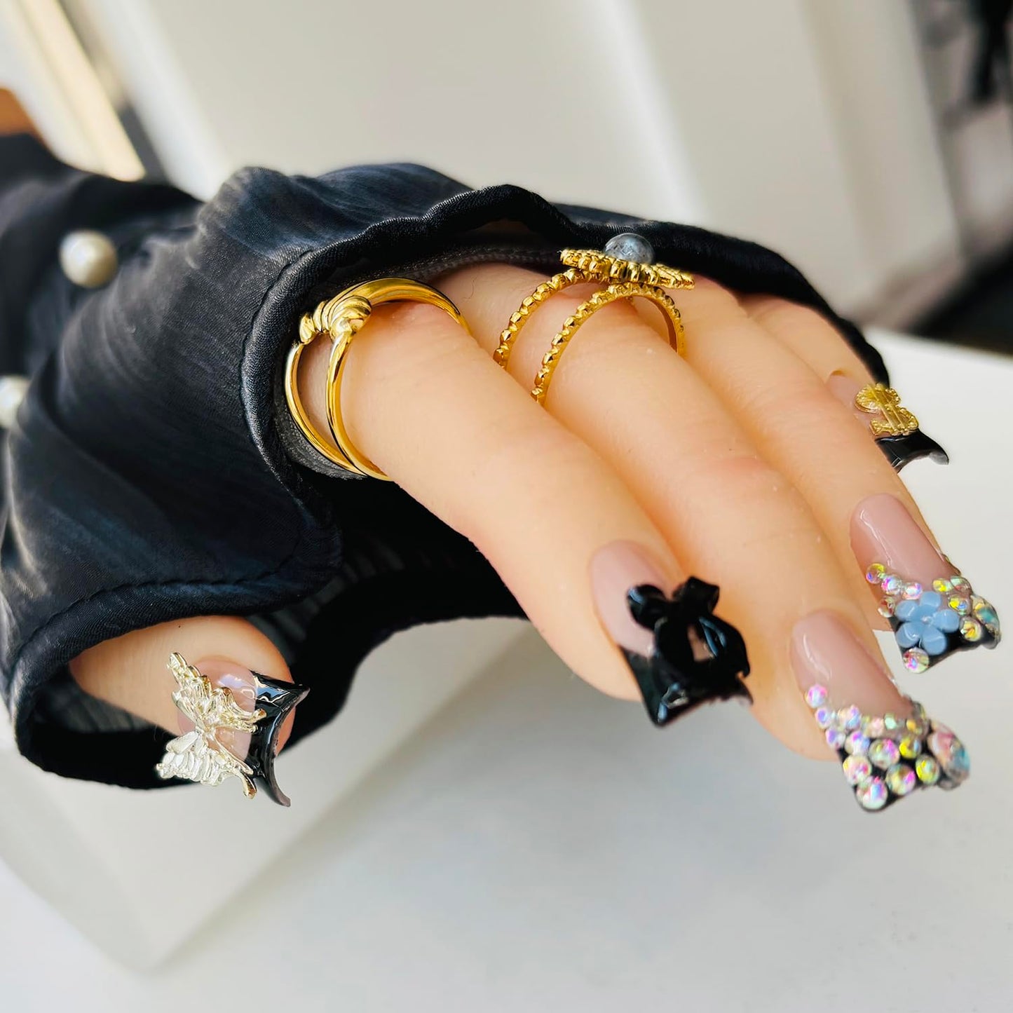 10pcs Handmade Press on Nails for Women - Medium Duck Curve 3D Thick Acrylic Fake Nails Reusable,Designer Floral Butterfly Rhinestones Bling Boho Funky Y2k Nail-art Set,M,black