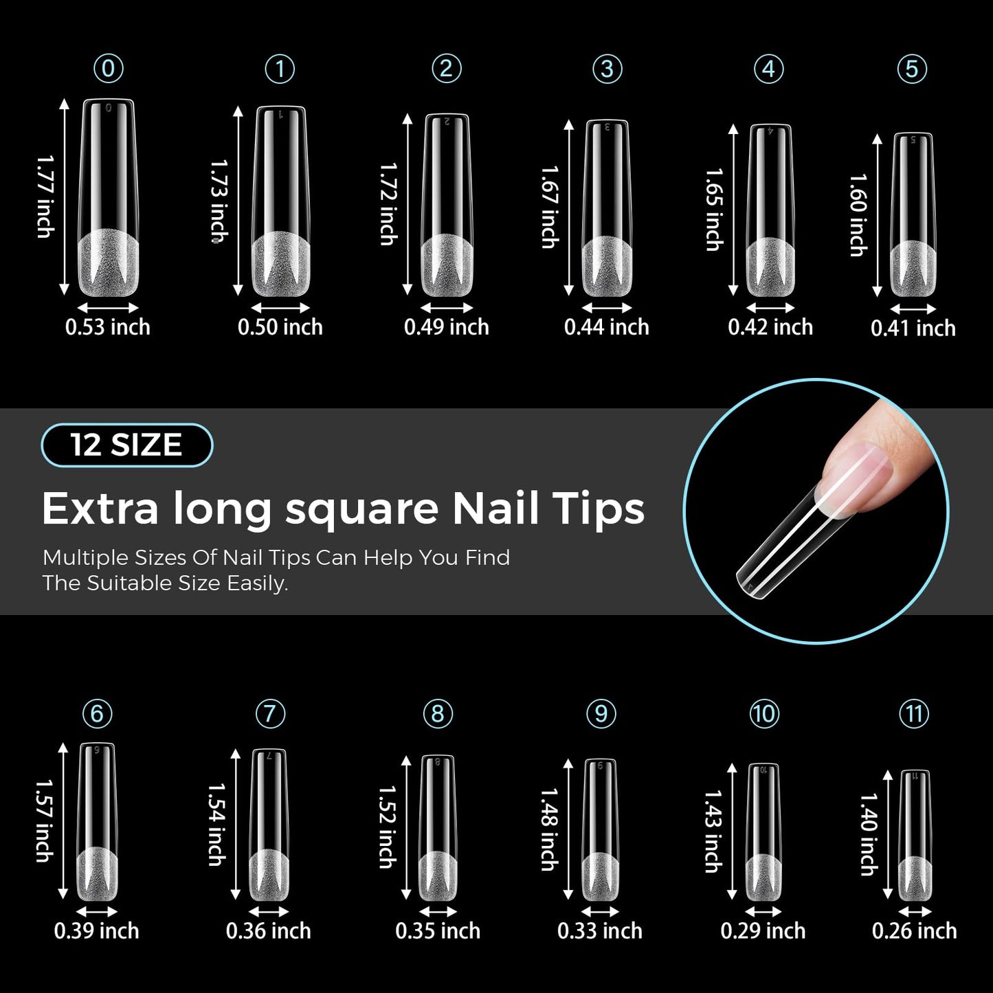 TOMICCA Extra Long Square Nail Tips, 240Pcs Pre-Shaped Half Matte Clear Full Cover False Nails 12 Sizes Gel Nail Tips for Extension Nail Home DIY