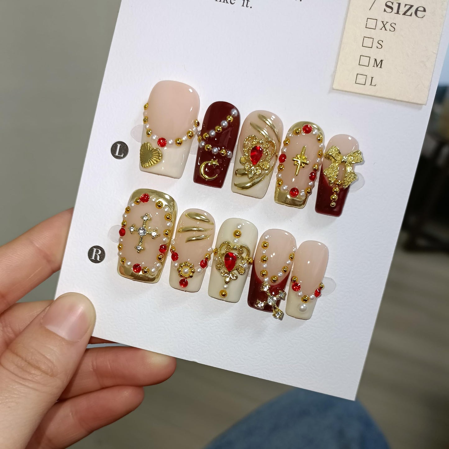 TENPAL Royal Baroque Style Handmade Press on Nails Medium Long- Wine Red & Gold French with 3D Cross Heart Pearl Designs | Regal Y2K Fake Nails with Tools for Women Girls(S)