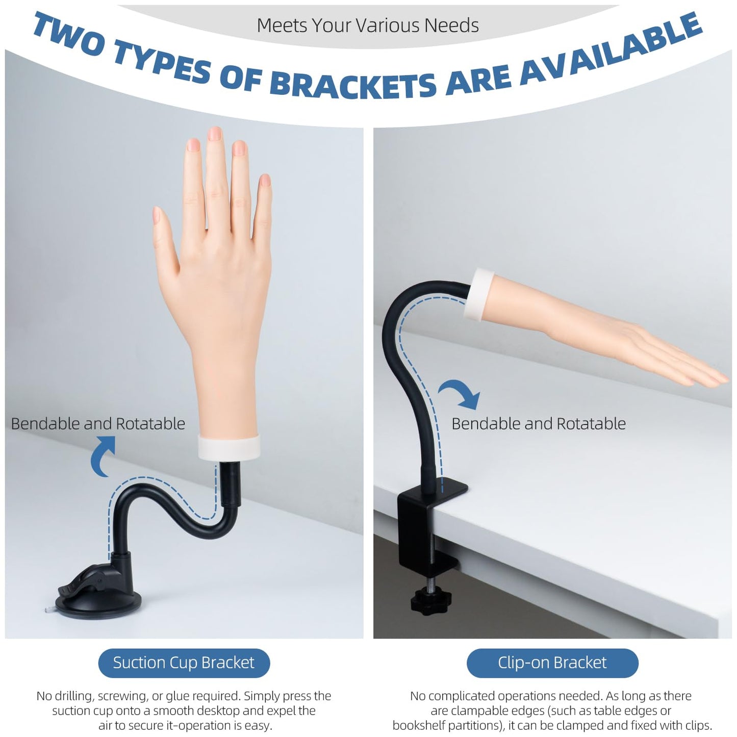 Practice Hand for Acrylic Nails, Flexible Bendable Fake Hand with Adjustable Stand, Nail Training Kit Mannequin Hand for Beginners & Nail Artists (Clamp Stand)