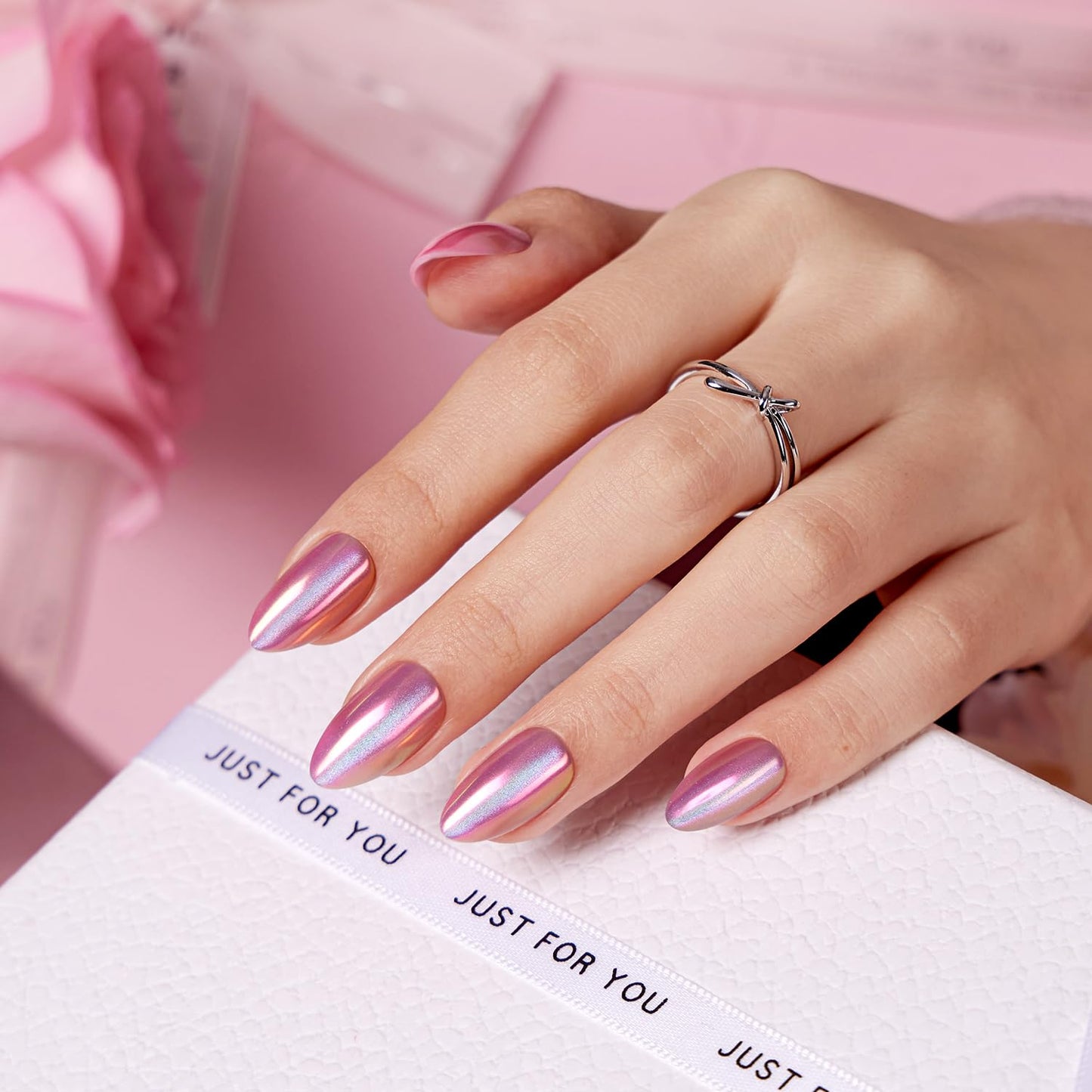 VSALON Press on Nails Short Almond - Pink Cat Eye Chrome Fake Nails Kit for Women, Spring Reusable Aurora Effect Opaque Holographic Summer Glue on Nails - 32 PCS Stick On Nails in 16 Sizes
