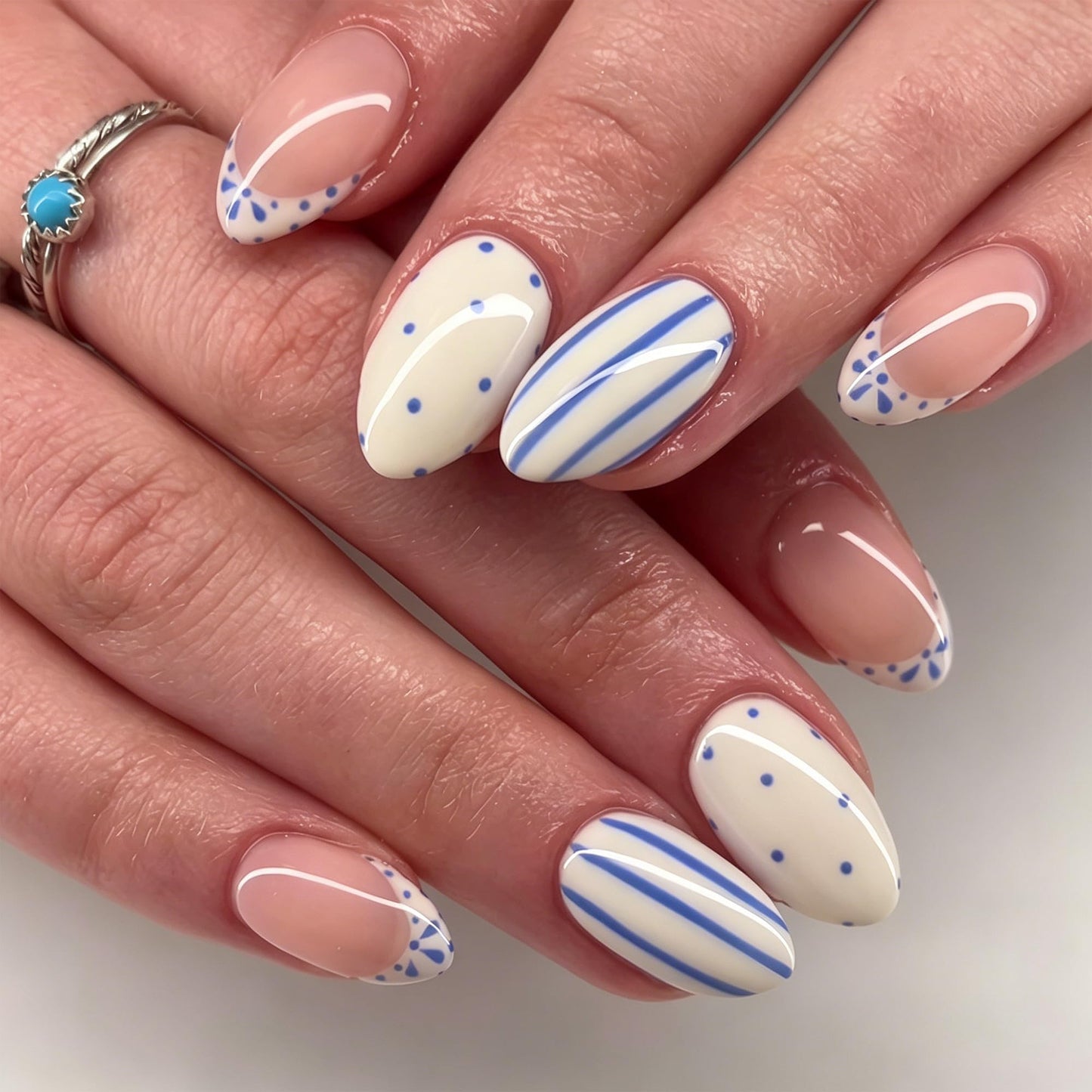 Blue white Press on Nails Short Almond Fake Nails French Tip False Nails with Stripe & Polka Dot Design Glossy Reusable Artificial Acrylic Glue on Nails Full Press Ons for Women Manicure Decor 24Pcs