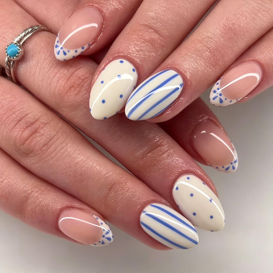 Blue white Press on Nails Short Almond Fake Nails French Tip False Nails with Stripe & Polka Dot Design Glossy Reusable Artificial Acrylic Glue on Nails Full Press Ons for Women Manicure Decor 24Pcs