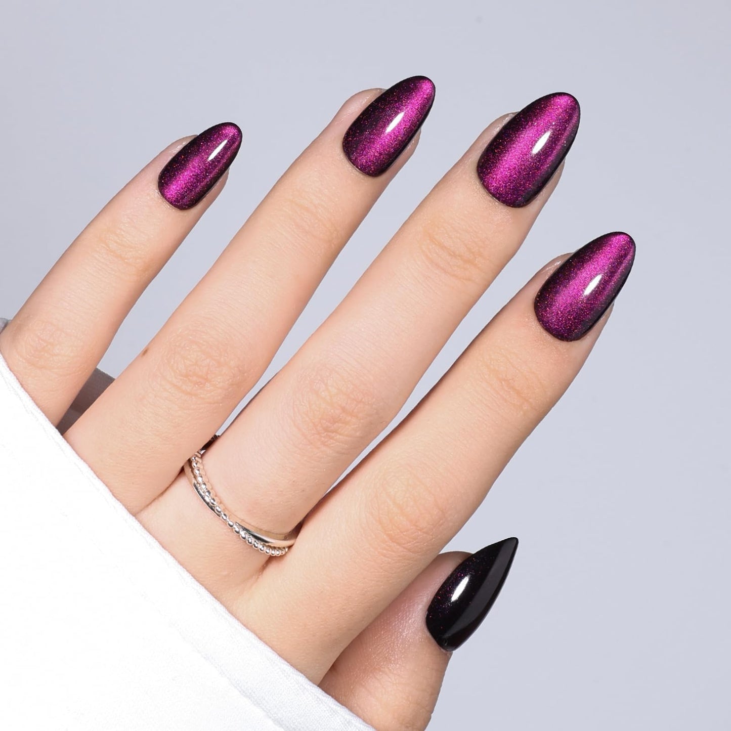 Purple Cat Eye Press On Nails - Short Almond Cat Eye Nails Press Ons for Women Fake Nails with Glue, Glossy Reusable Glue on Nail in 16 Sizes - 32pcs