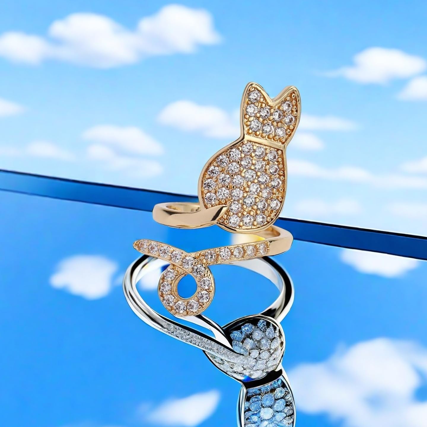 Izpack Rhinestone Cat Finger Nail Ring for Women - Adjustable Cubic Zirconia Kitten Animal Pet Open Fingernail Rings Cute Jewelry Accessories for Party Christmas Birthday Wedding Daily Use