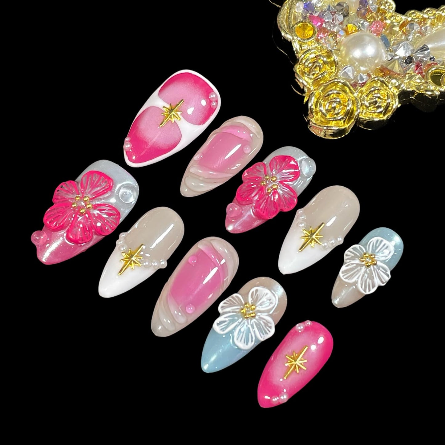 Handmade Press On Nails, Medium Almond Shape, Cherry Blossom Design with Gold Stars, Pearl Accents, Pink Blue Nude Colors, 3D Floral Reusable Acrylic False Nails (Bouquet lace, L)