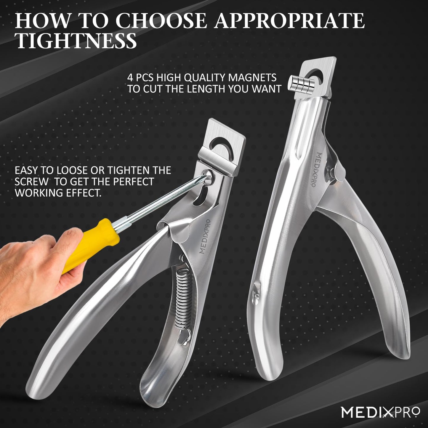 MedixPro Acrylic Nail Clipper with Magnet Silver Professional Nail Tip Cutter Adjustable Nail Extension Cutter Stainless Steel Sharp Blade for Acrylic Gel False Nails Manicure Pedicure Nail Art Cutter