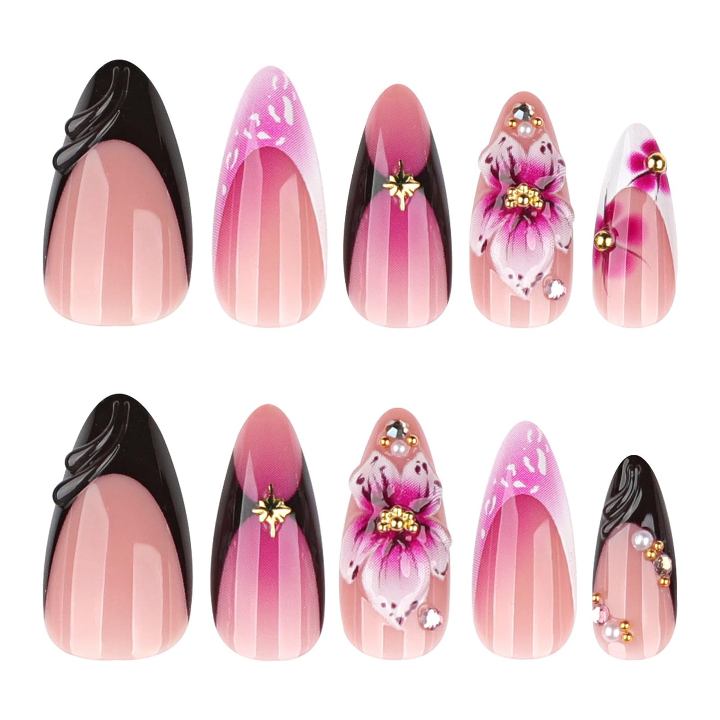24Pcs French Tip Press on Nails Almond Fake Nails with Floral Gold Bead Pearl Design Handmade Acrylic Nails Press ons Reusable False Nail Spring Summer Flower Stick on Nails for Women Flower Nail Art
