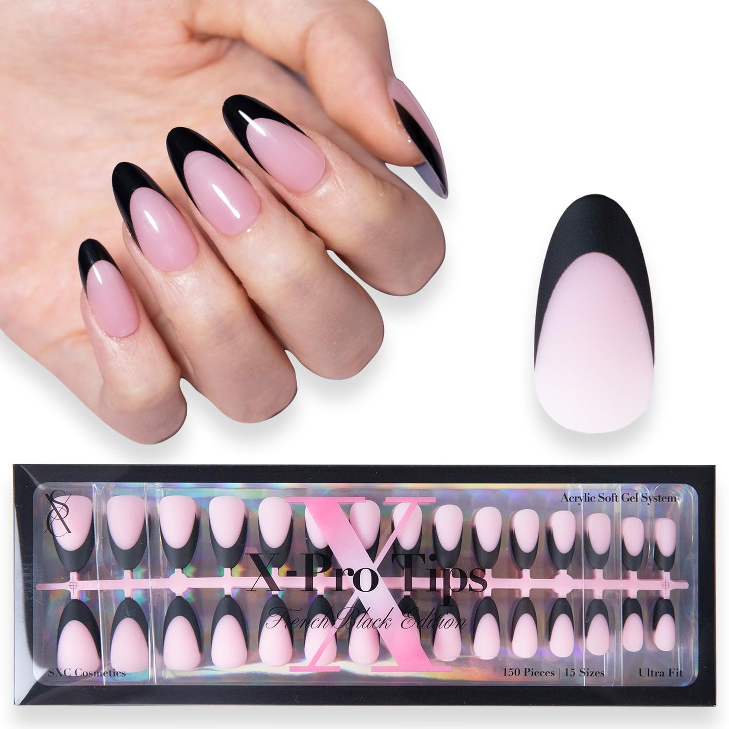 SXC Cosmetics French Tip Press On Nails 150 Pieces in 15 Sizes Ultra Fit with Pre-applied Tip Primer and Base Coat, No Need to File Fake Nails for Nail Art DIY X-Pro Tips (BLACK115-M Almond)