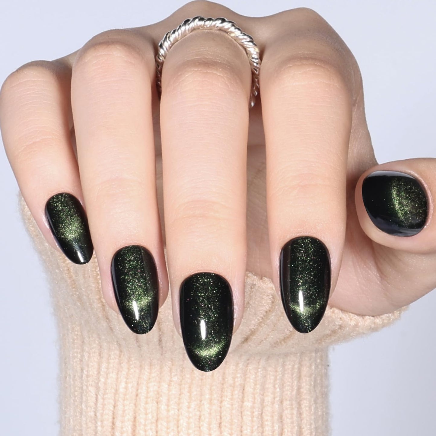 WiniBeauty Cat Eye French Tip Press On Nails Almond - Green Short Almond Fake Nails, Dark Green Cateye Press On Nails Reusable Stick On Nails in 16 Sizes 32pcs False Nail Kit for Women(Luminous Dark)