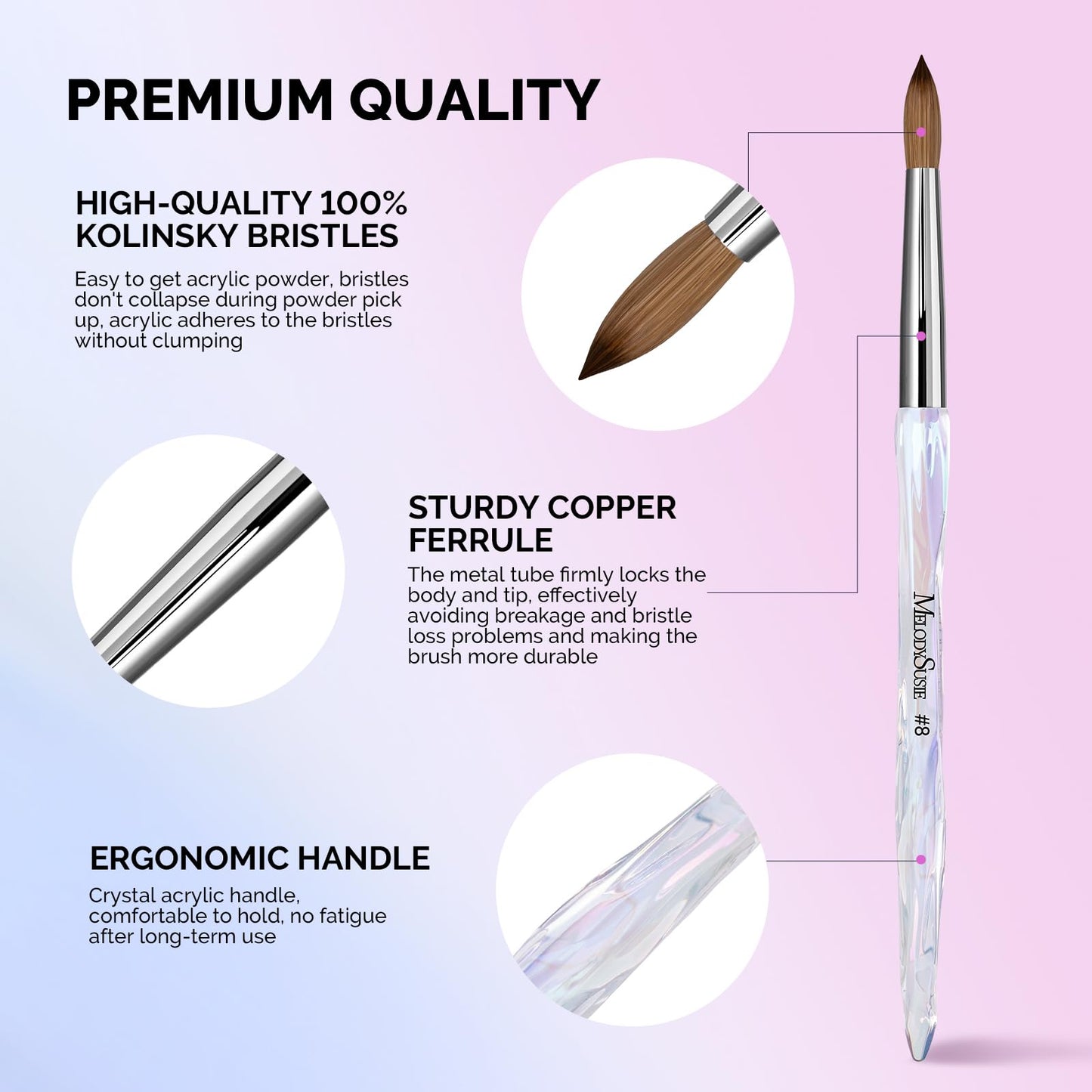MelodySusie Kolinsky Acrylic Nail Brush, 100% Pure Kolinsky Hair, Professional Nail Brush for Acrylic Powder Nail Extension and 3D Nail Carving, for DIY Home Salon, Size 8